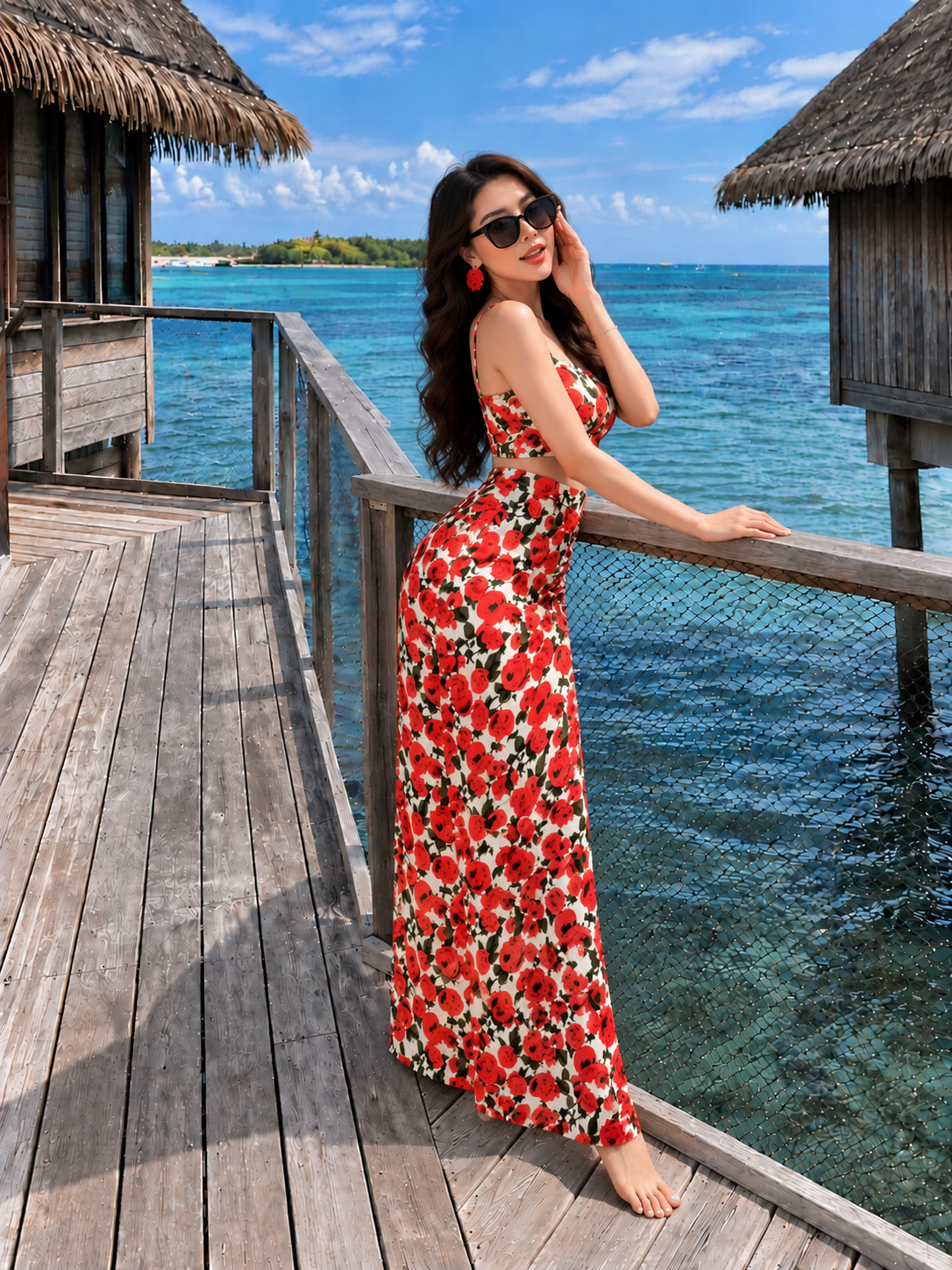 TANDUL Womekn Red Rose Print Crop Top & Ruched High-Slit Maxi Skirt Set
