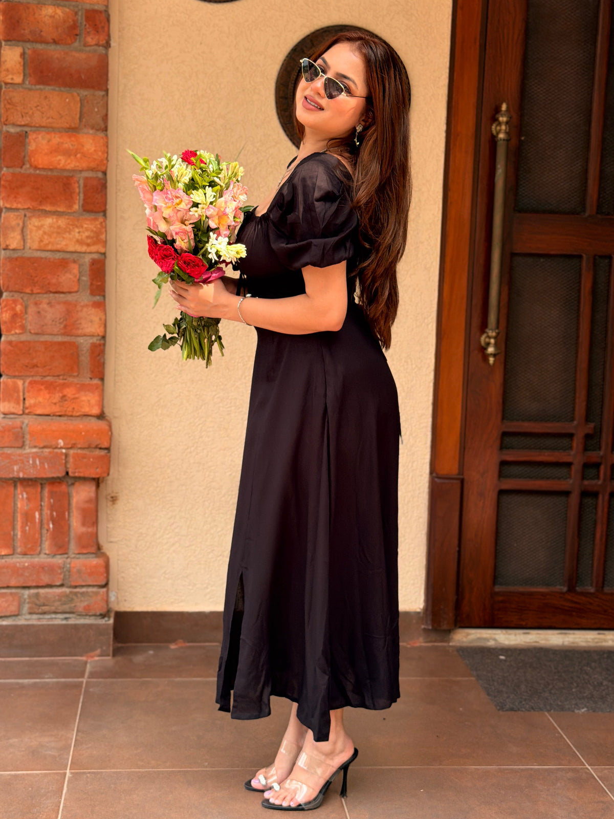 TANDUL Women Classic Black Lace-Up Corset Midi Dress