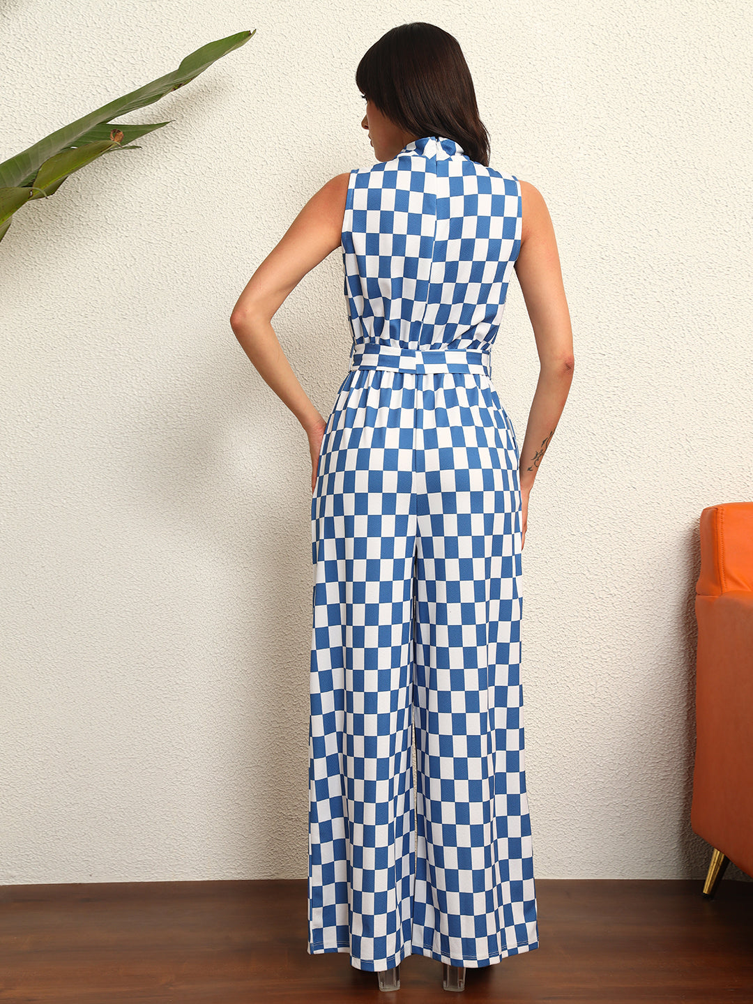 TANDUL Women Stylish Blue and White Checkered Jumpsuit