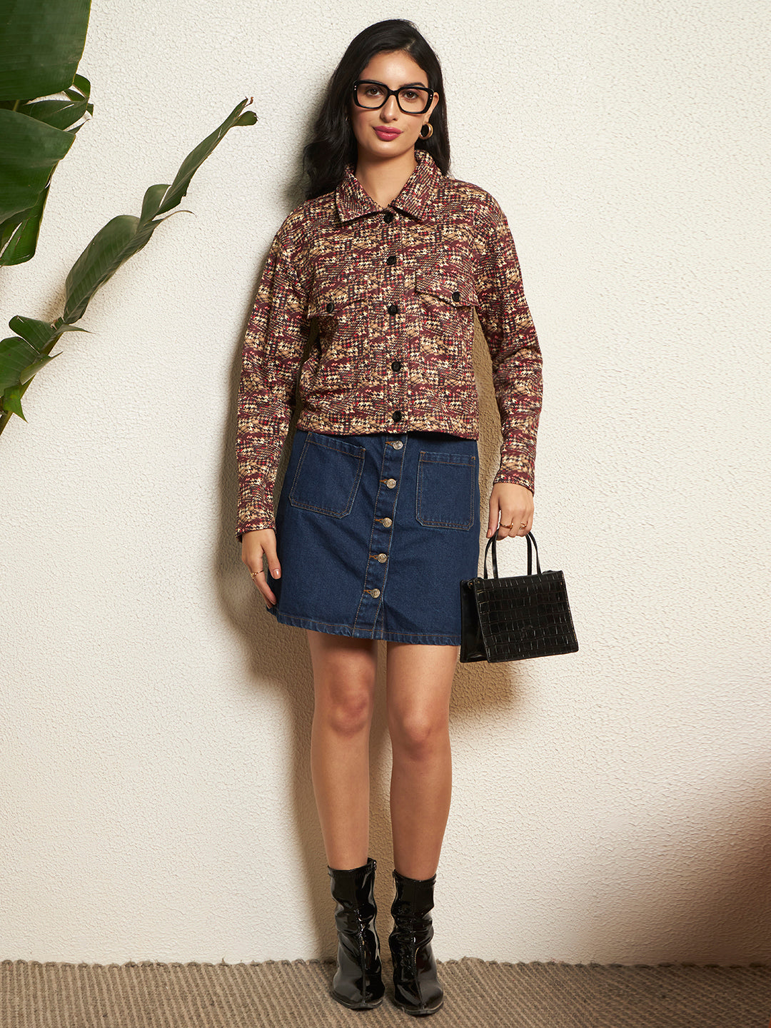 TANDUL Women Houndstooth Fleece Jacket