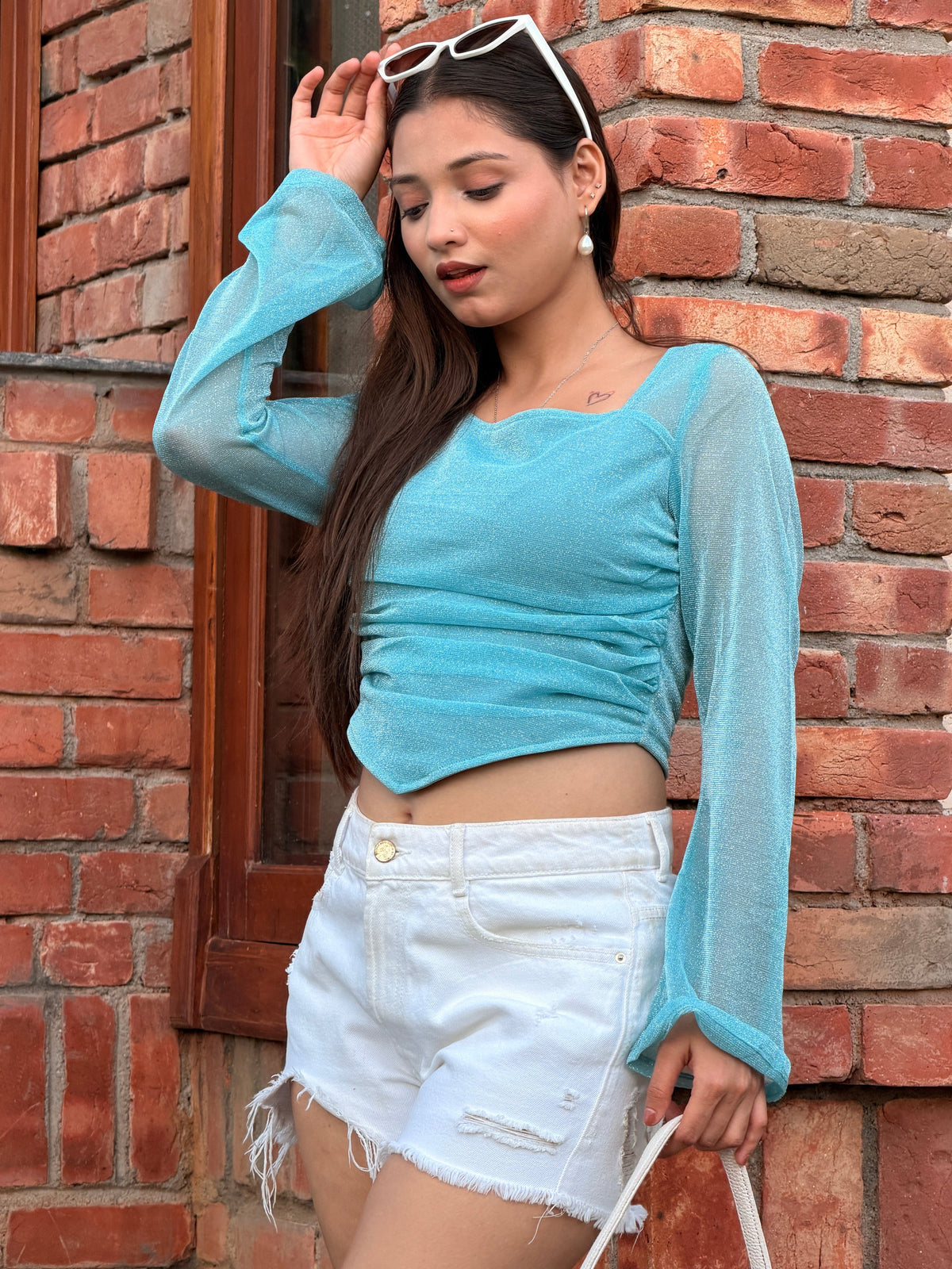 TANDUL Women Glitter Shimmer Ruched Skyblue Top