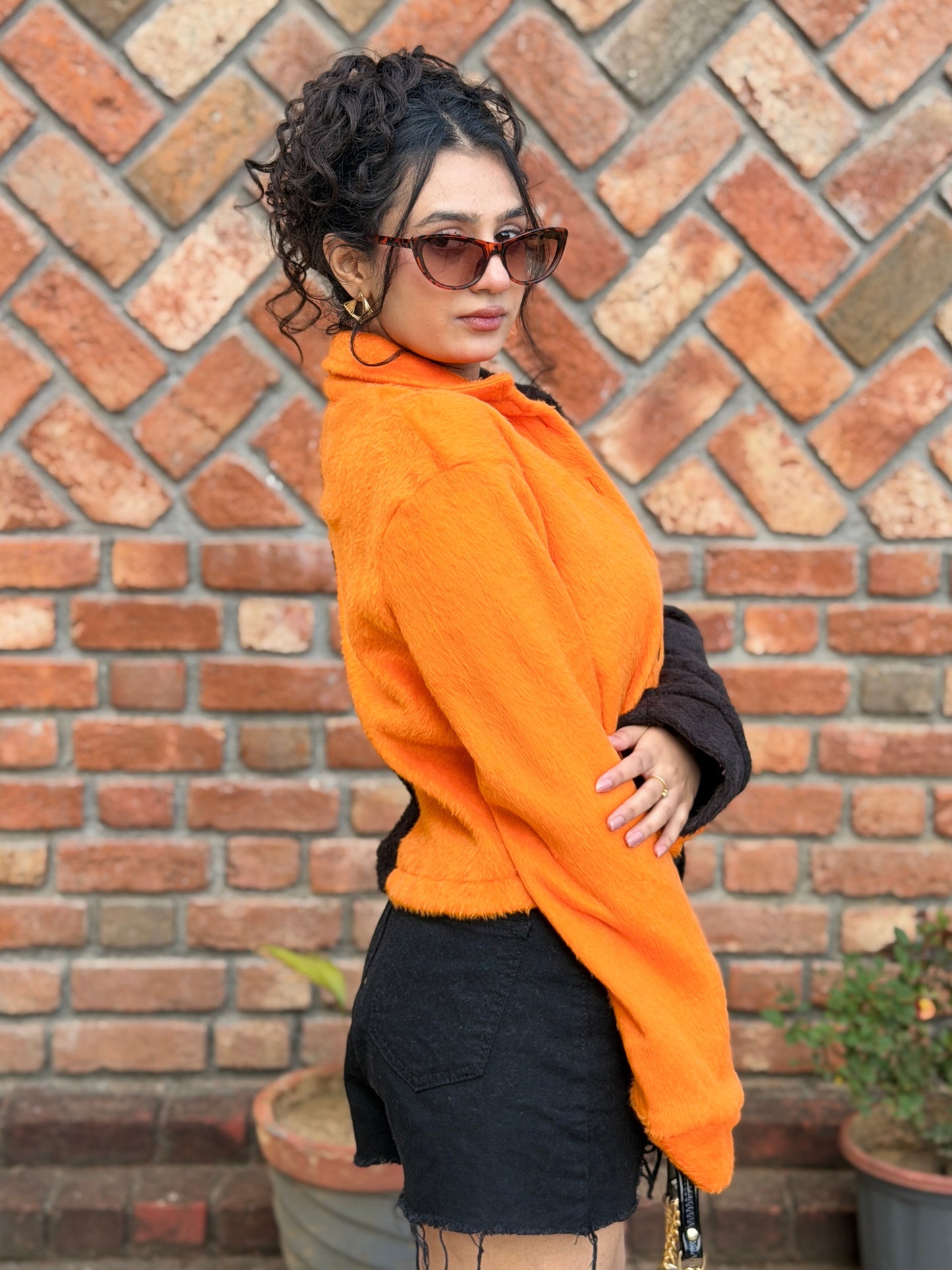 TANDUL Women Striking Orange and Black Fur Jacket