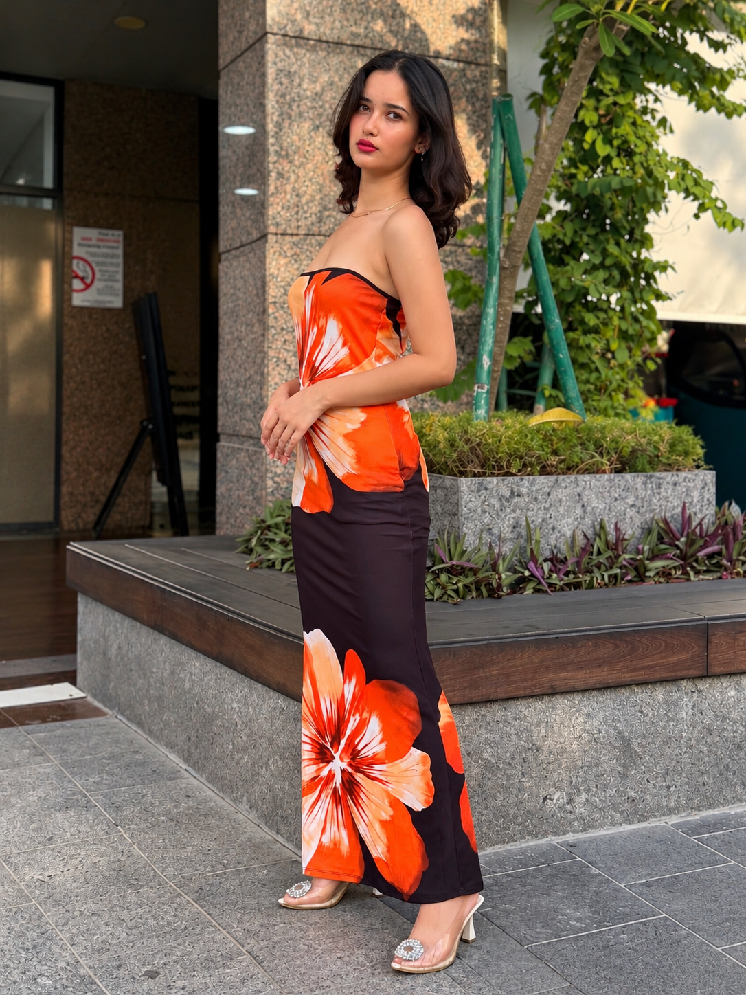 TANDUL Women Vibrant Orange Floral Strapless Maxi Dress