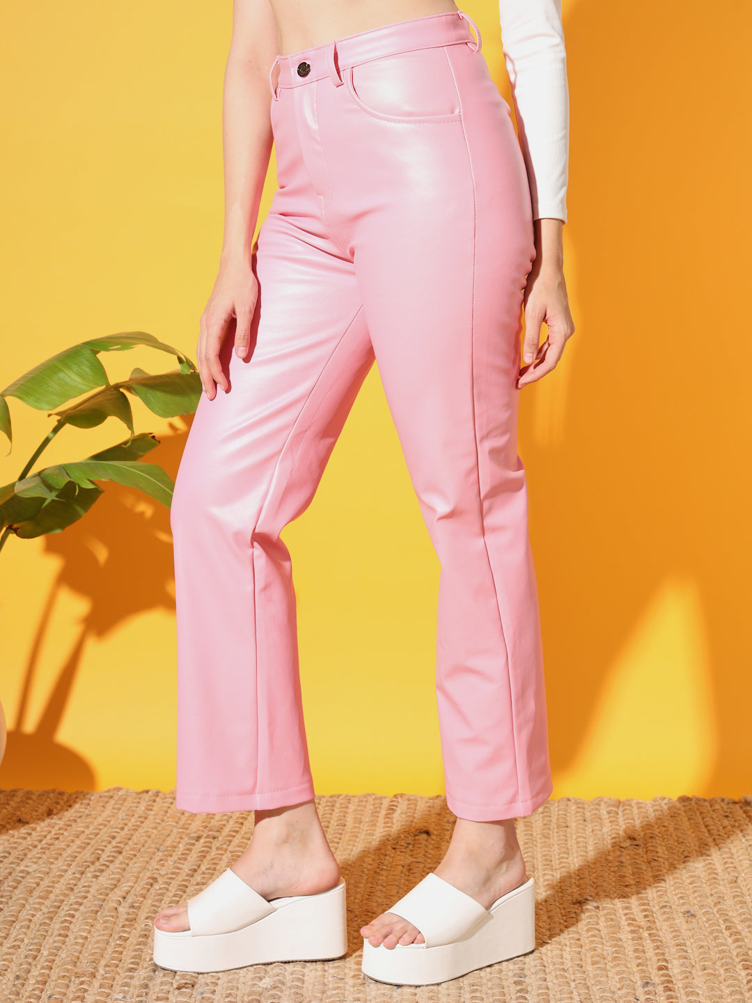 TANDUL  Women Regular Fit Pink Faux Leather Trousers