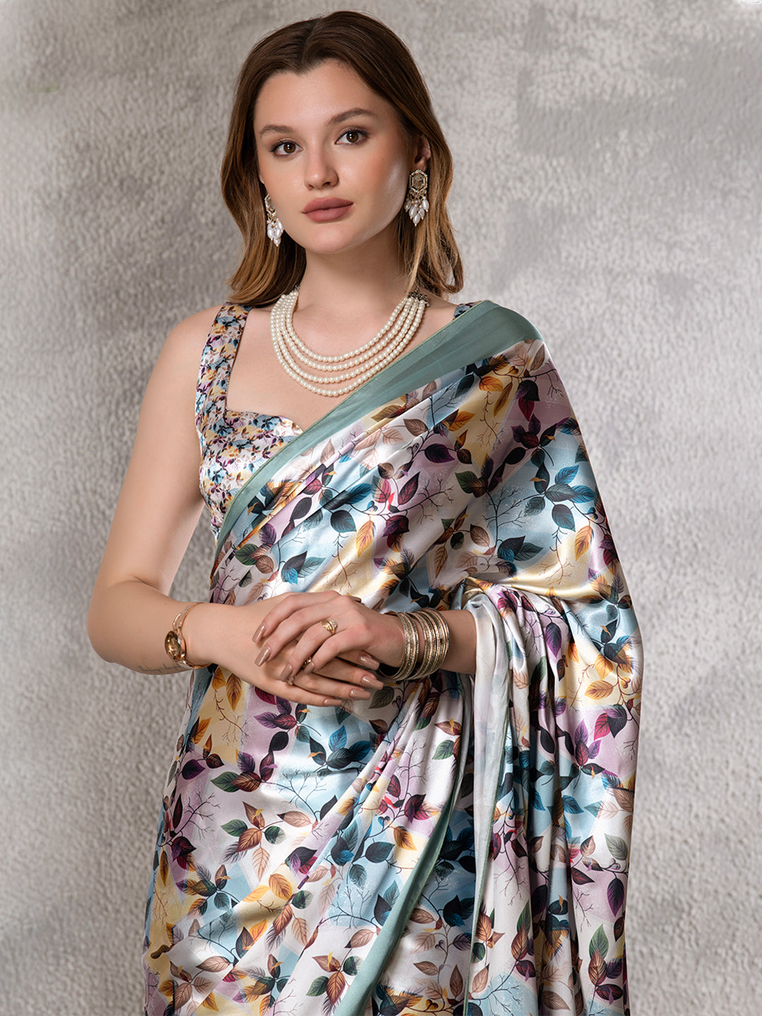 ELTIRE  Floral Print Bollywood Satin Saree  (Multicolor)
