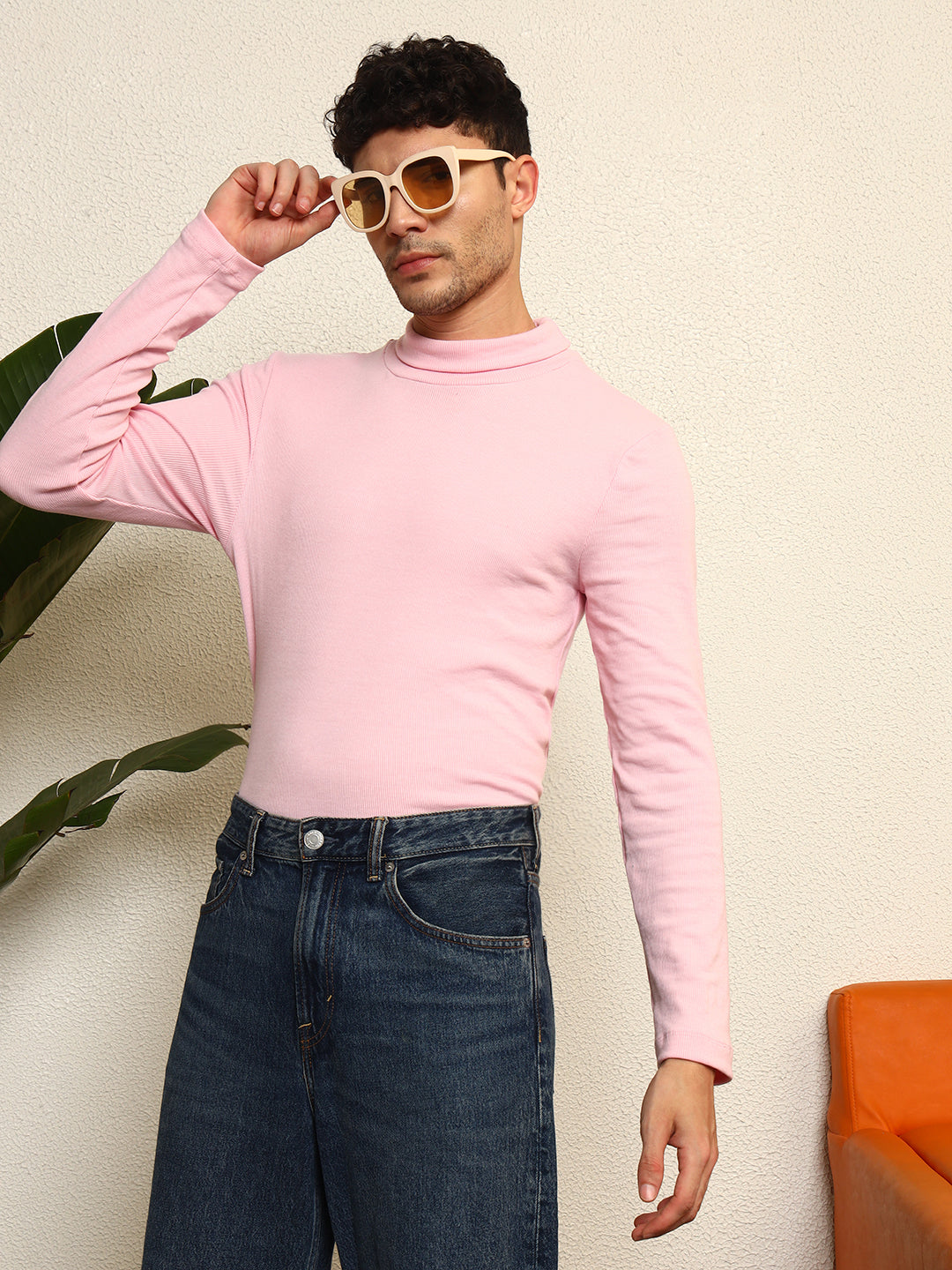 TANDUL  Men Solid Turtle Neck Pink Sweater