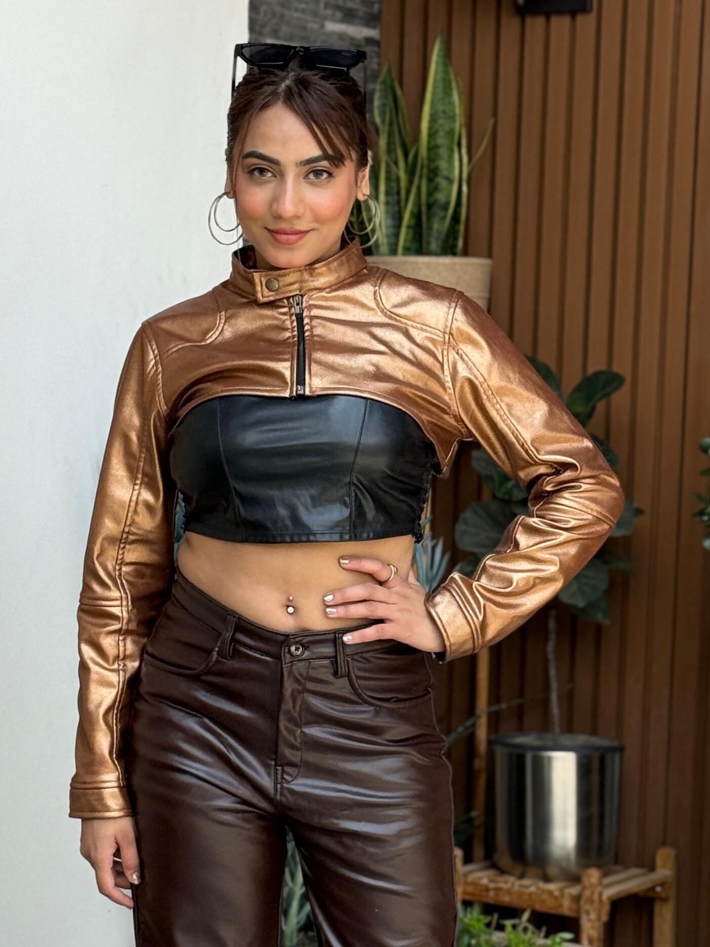 TANDUL Women Golden Crop Leather Jacket