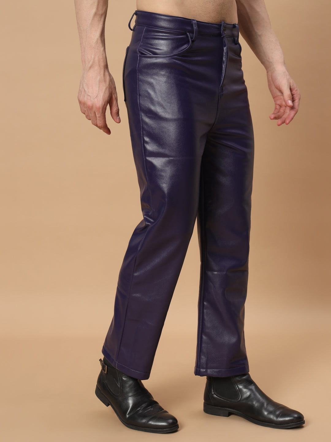 TANDUL  Men Regular Fit Purple Faux Leather Trousers