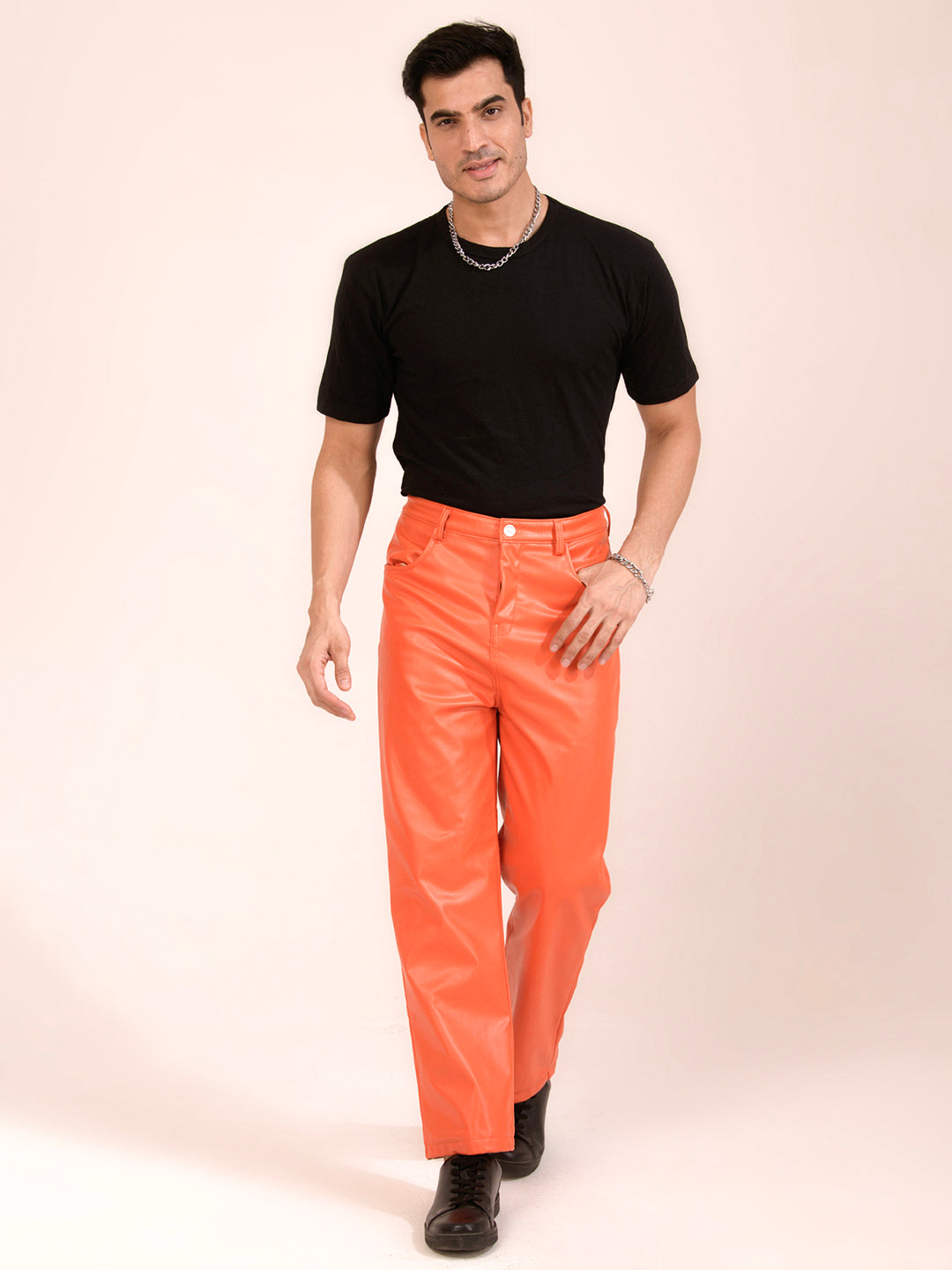 TANDUL  Men Regular Fit Orange Faux Leather Trousers