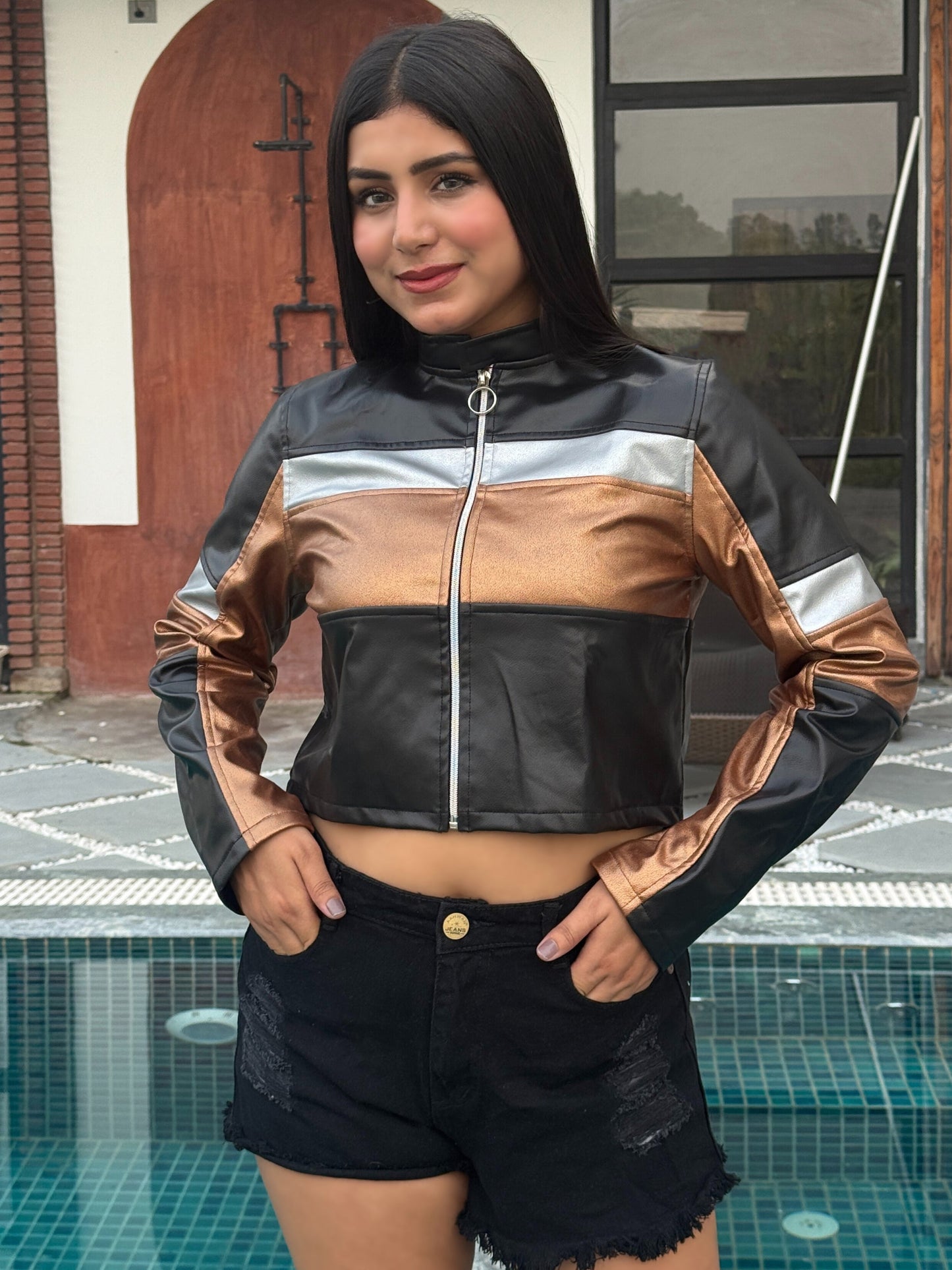 TANDUL Women Stunning Black and Gold Leather Jacket