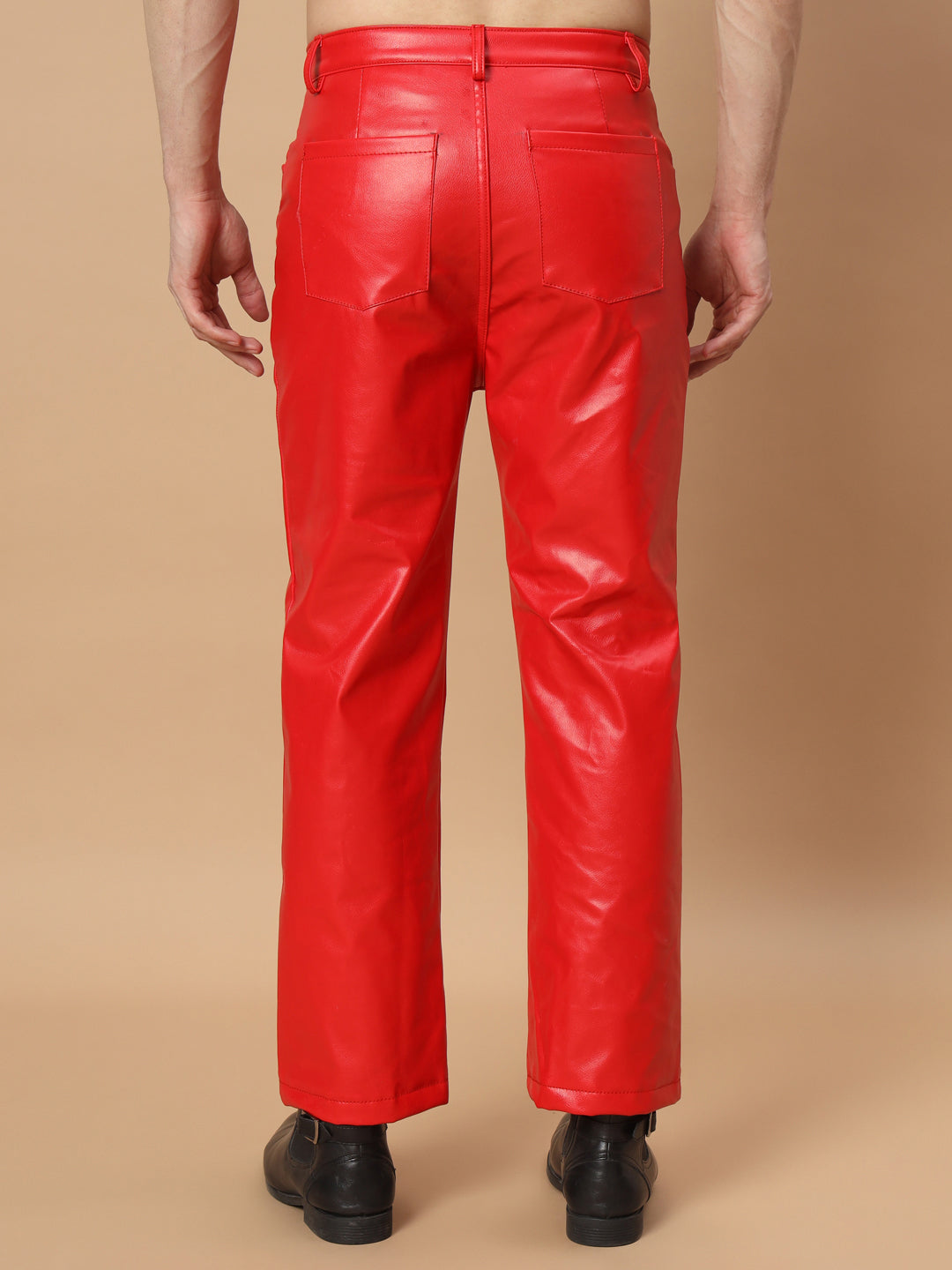 TANDUL  Men Regular Fit Red Faux Leather Trousers