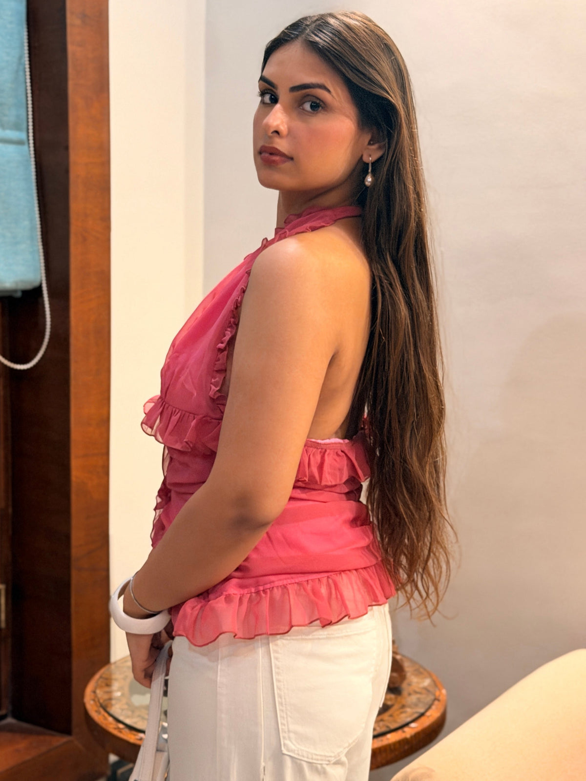 TANDUL Women Rose Pink Ruffled Halter Neck Top