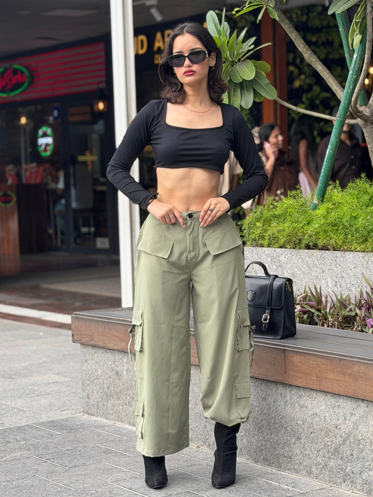 TANDUL Women Sage Green Ultra-Wide Leg Cargo Trousers