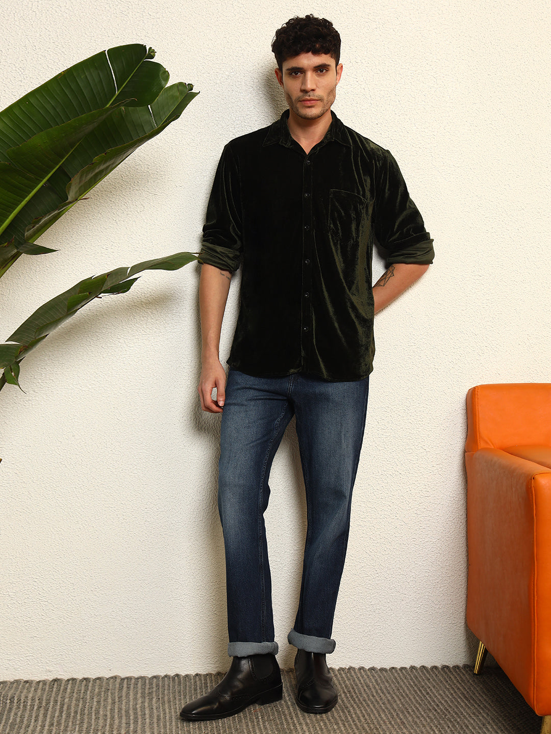 TANDUL Mens's Alluring Green Velvet Shirt