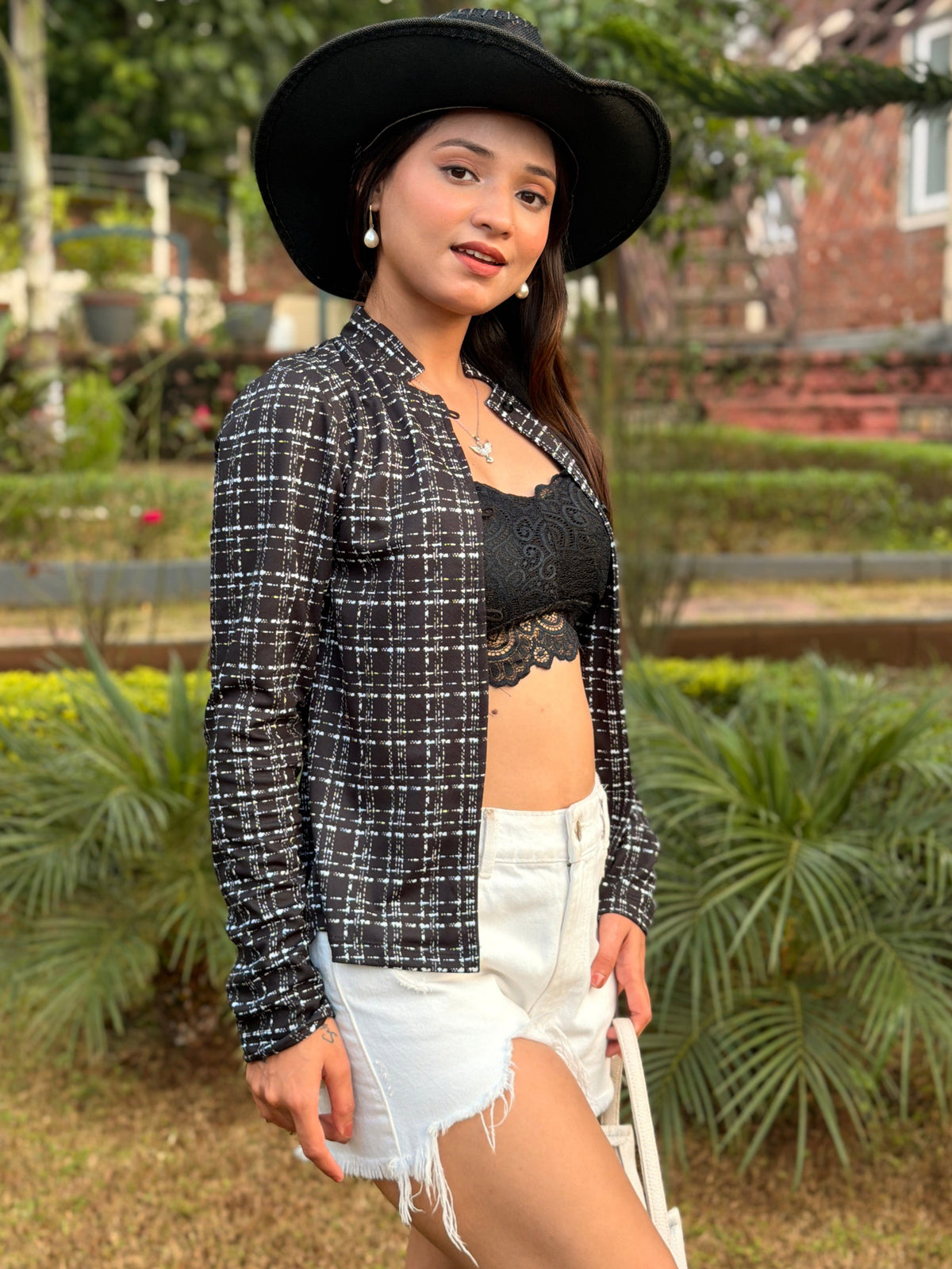 TANDUL Women Tweed-Printed Mandarian Collar Fitted Jacket Style Top
