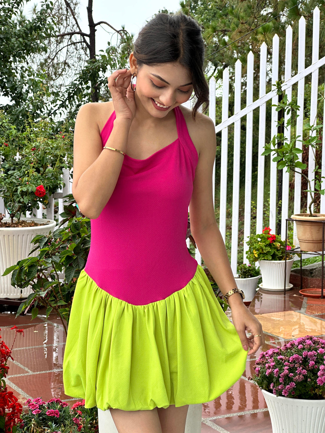 TANDUL Women Vibrant Pink and Green Balloon Dress