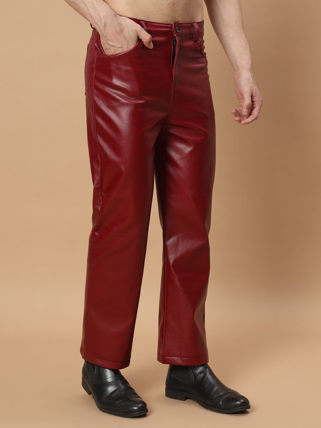 TANDUL  Men Regular Fit Maroon Faux Leather Trousers