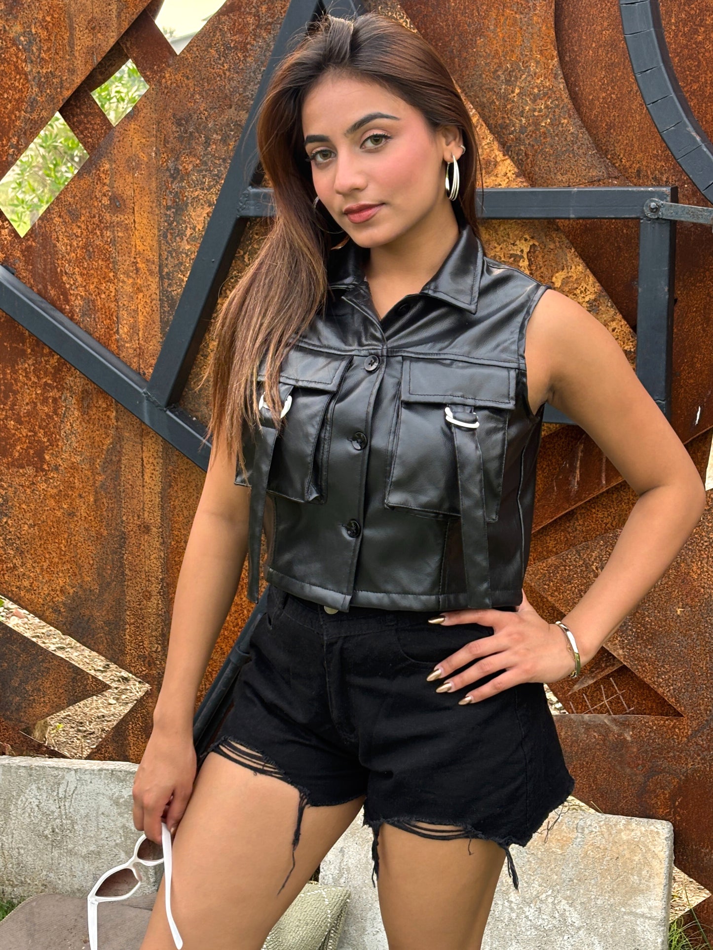TANDUL Women Sleek Black Leather Crop Jacket