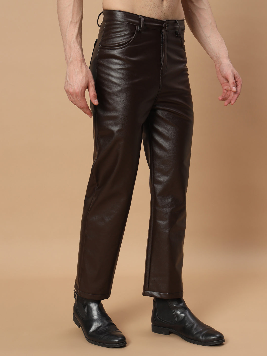 TANDUL  Men Regular Fit Brown Faux Leather Trousers