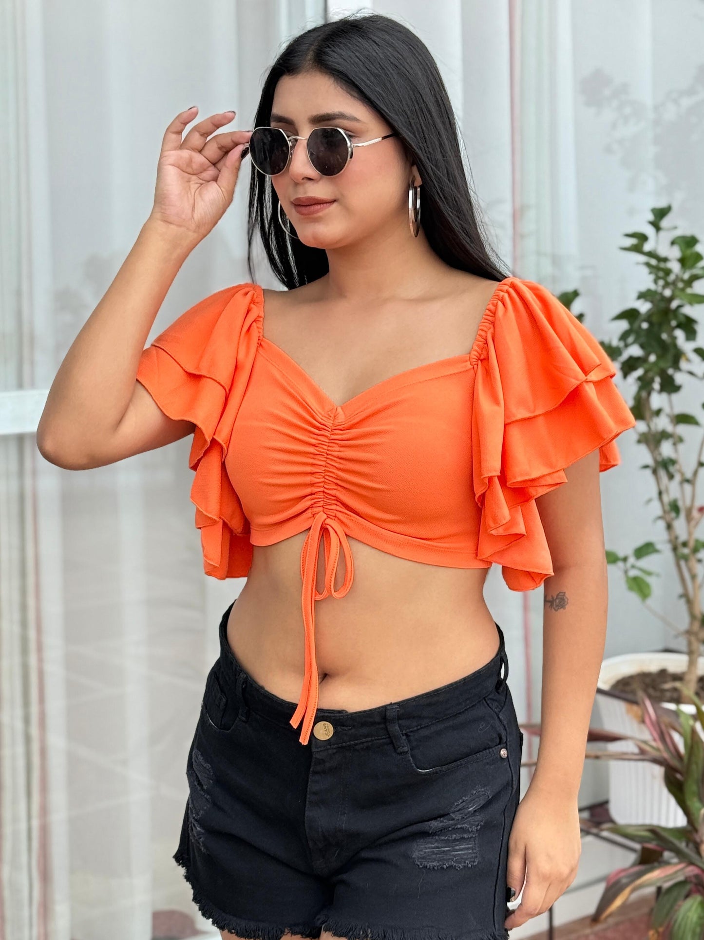 TANDUL Women Orange Top with Ruffled Sleeves