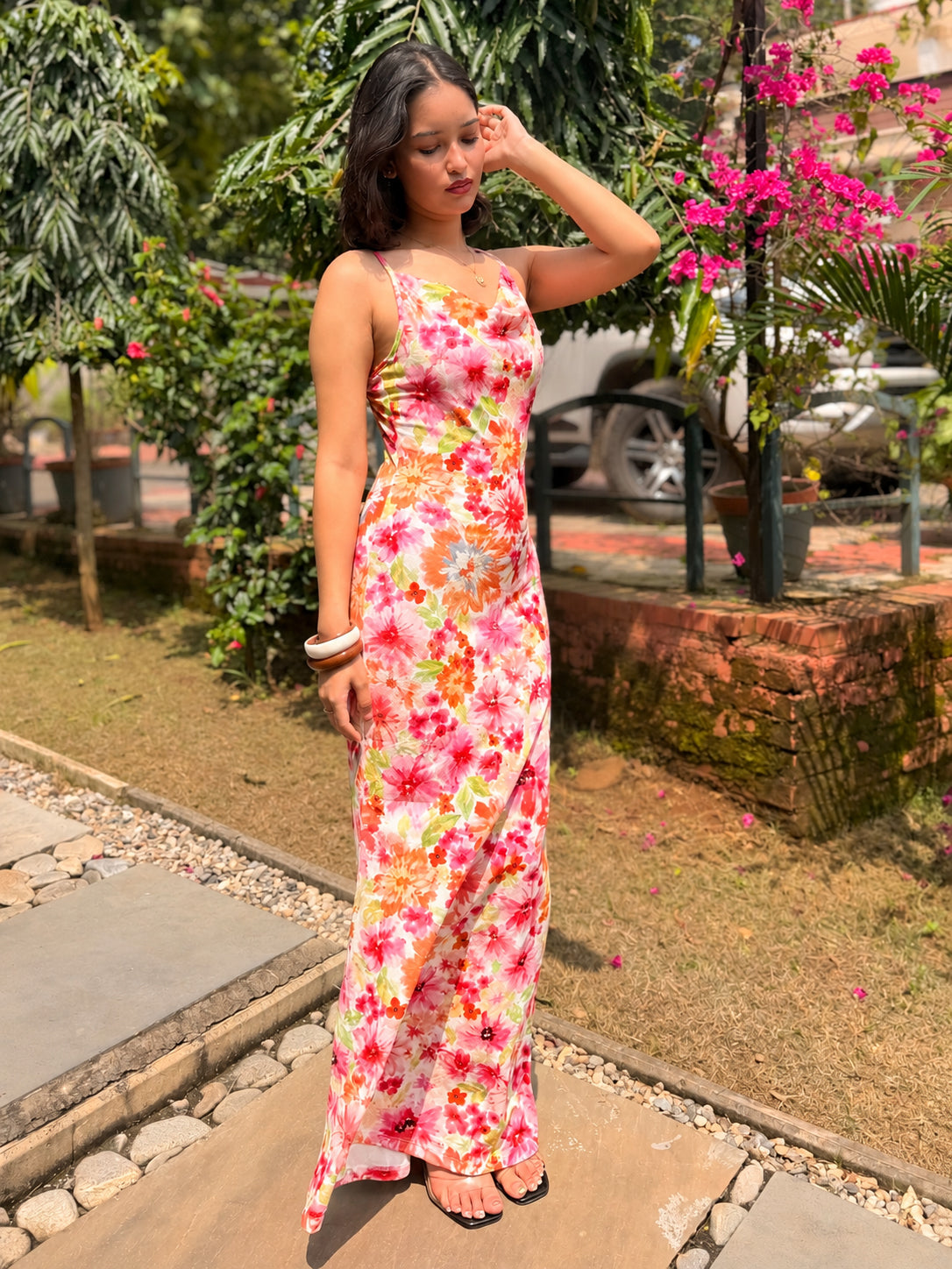 TANDUL Women Floral Print Cowl Neck Maxi Dress