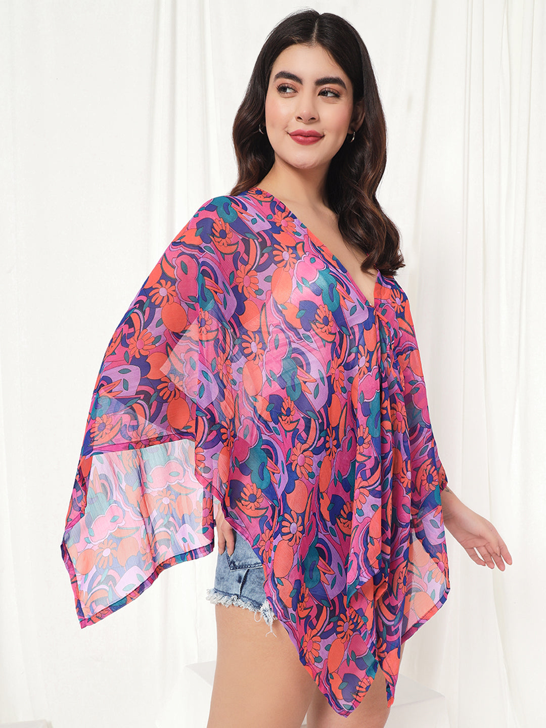 TANDUL  Women Kimono Style 3/4th Sleeve Multicolor Shrug