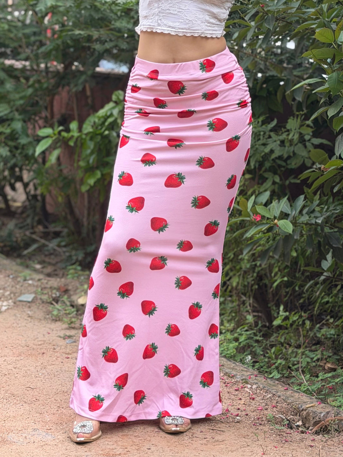 TANDUL Women Pastel Pink Strawberry Bodycon Maxi Skirt