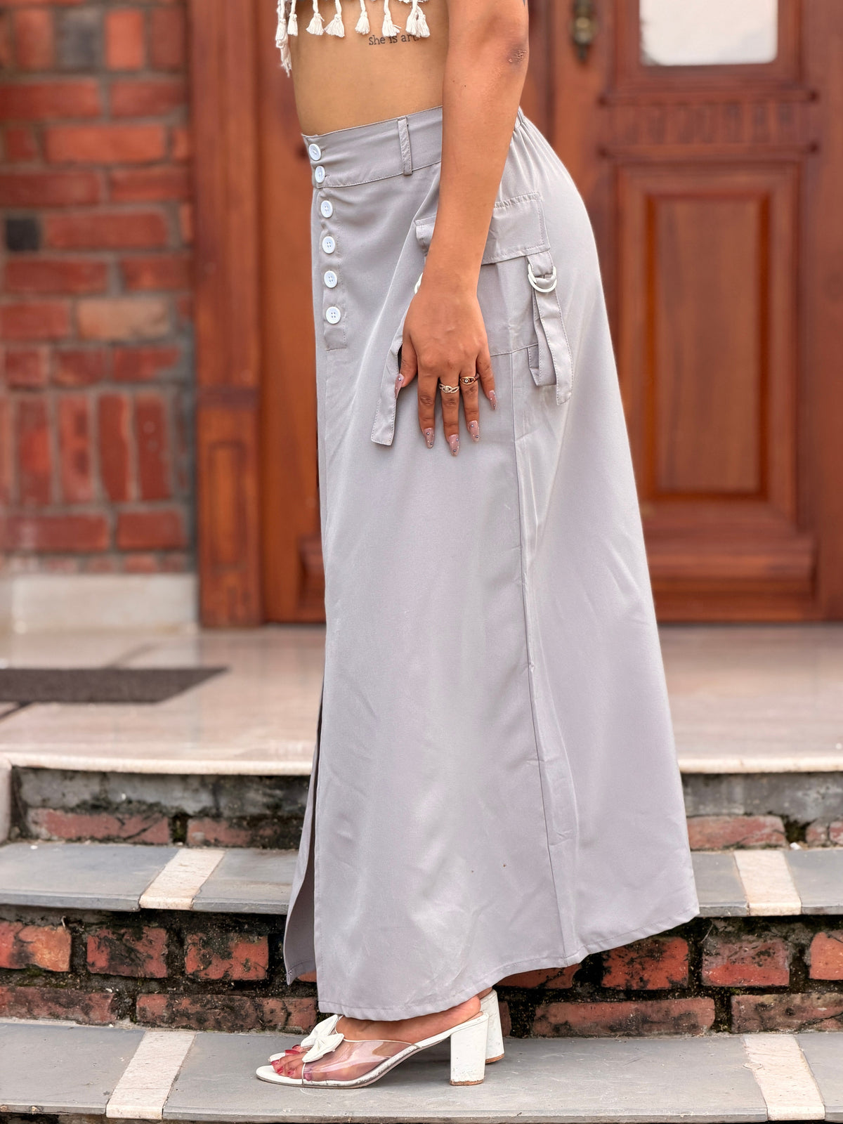 TANDUL Women High-Waisted Utility Cargo Maxi Skirt