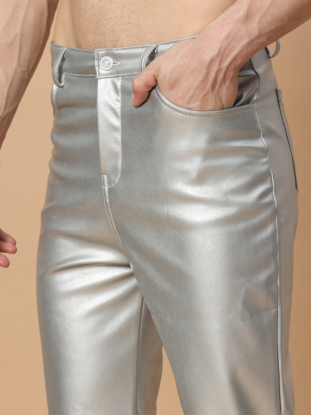 TANDUL  Men Regular Fit Silver Faux Leather Trousers