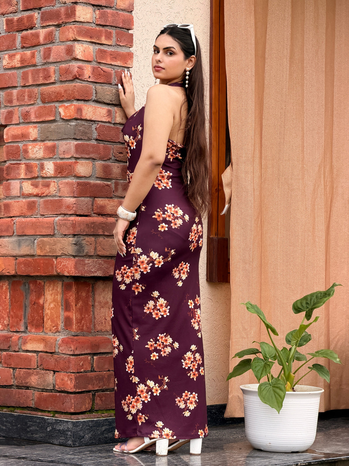 TANDUL Women Floral Halter Cowl-Neck Bodycon Maxi Dress