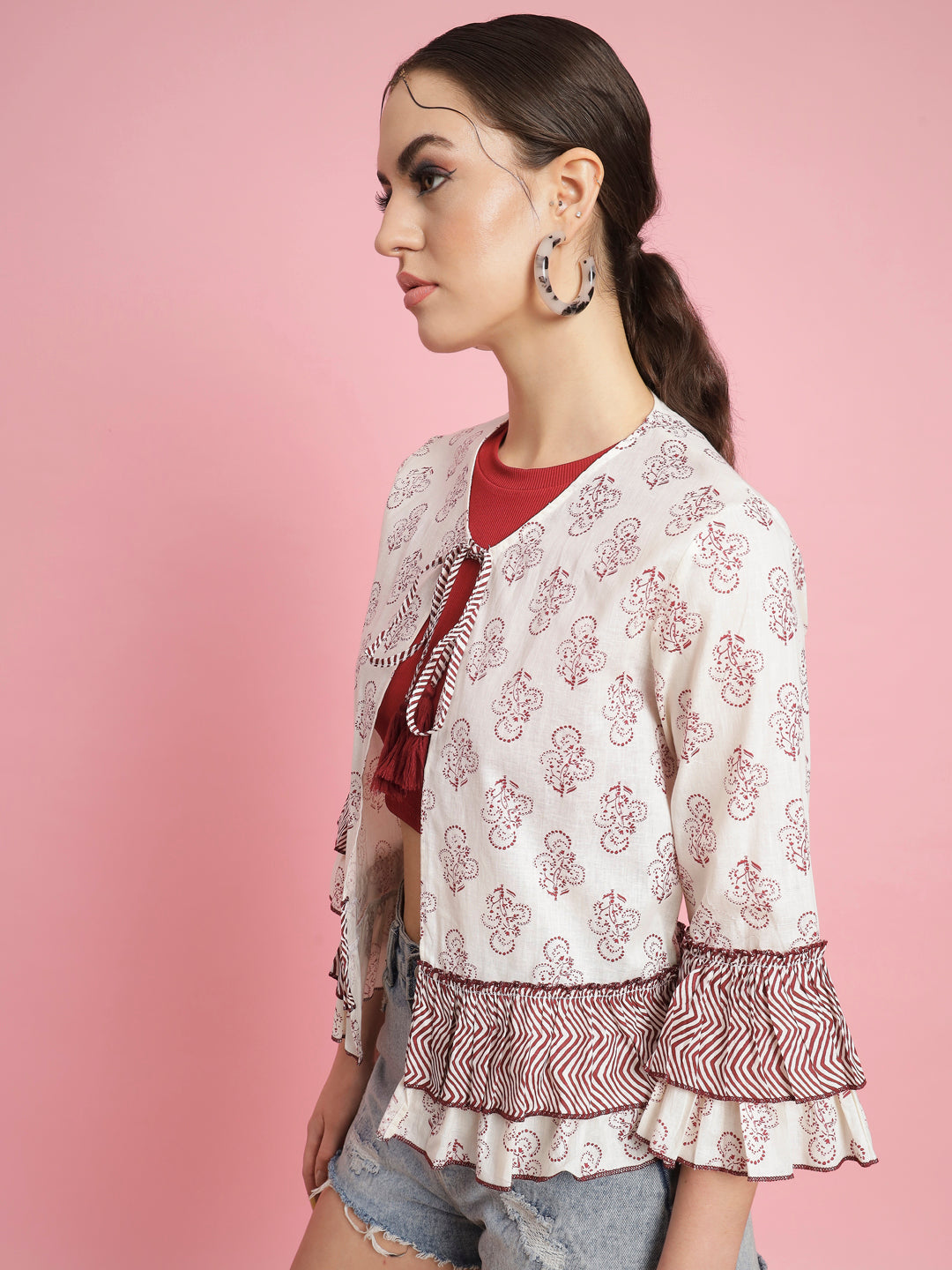 Casual Bell Sleeves Printed Women Multicolor Top