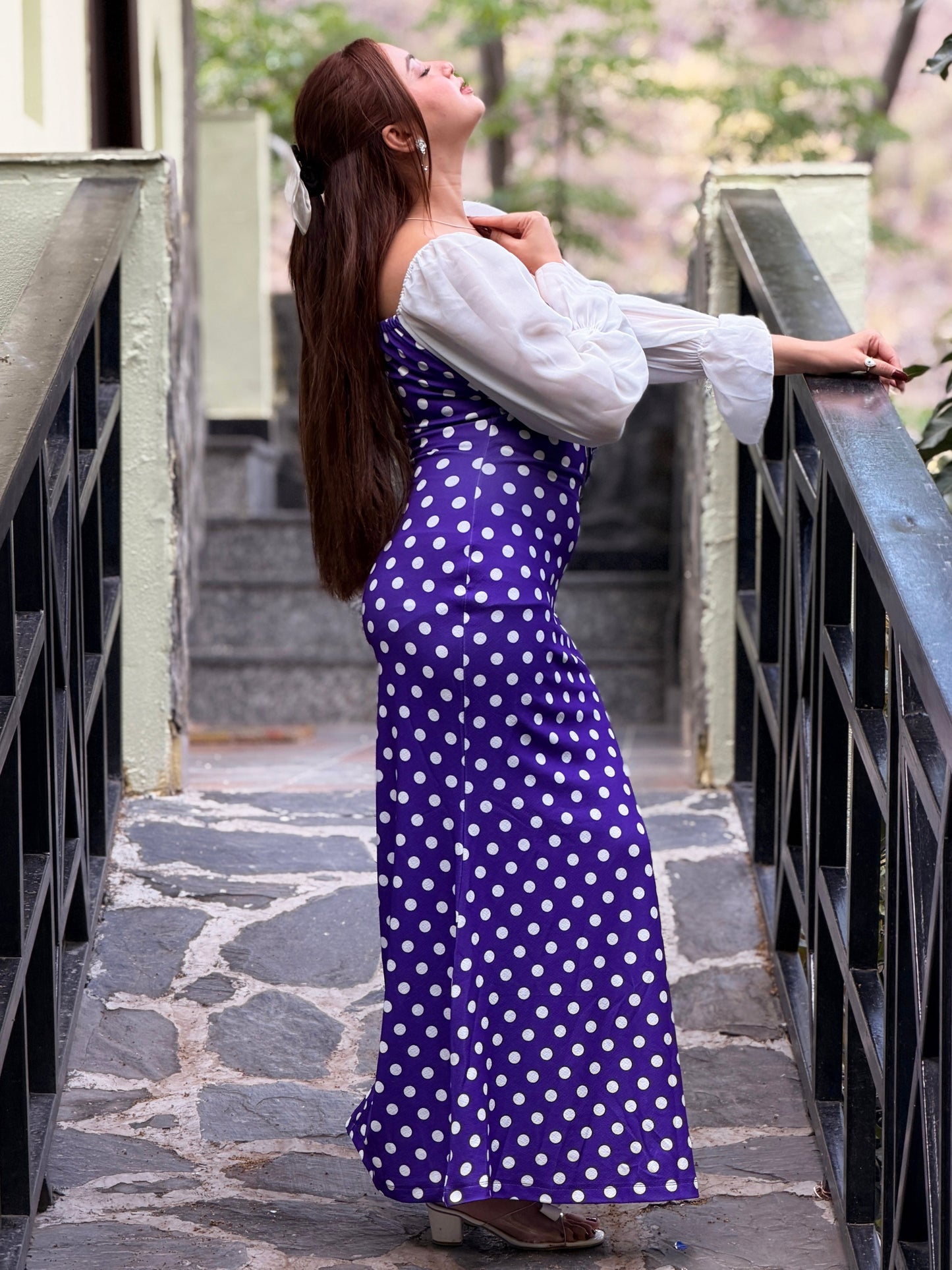 TANDUL Women Purple Polka dot Dress with Puff Sleeves