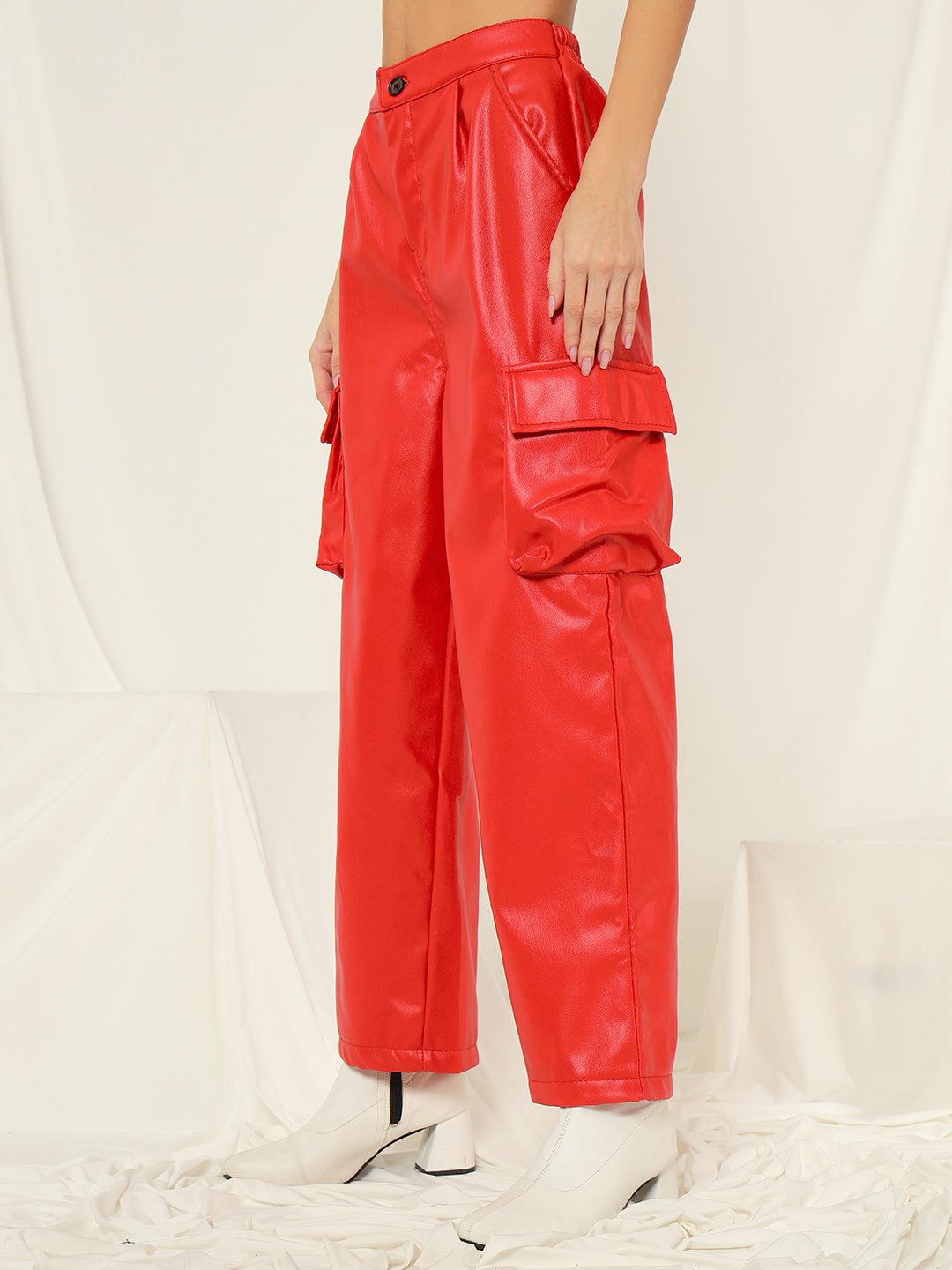 TANDUL  Women Regular Fit Red Faux Leather Trousers