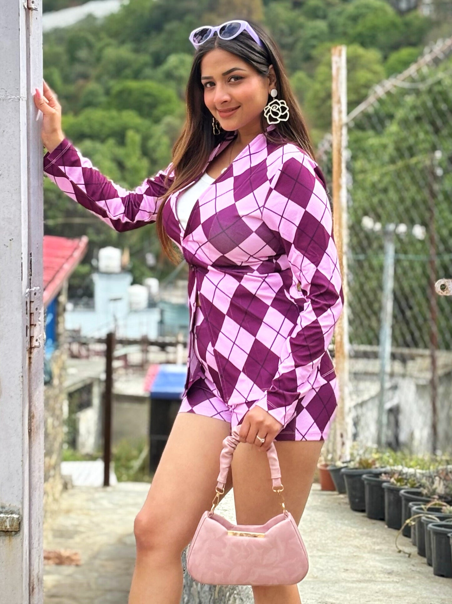 TANDUL Purple Argyle Pattern Printed Women Co-ord Set