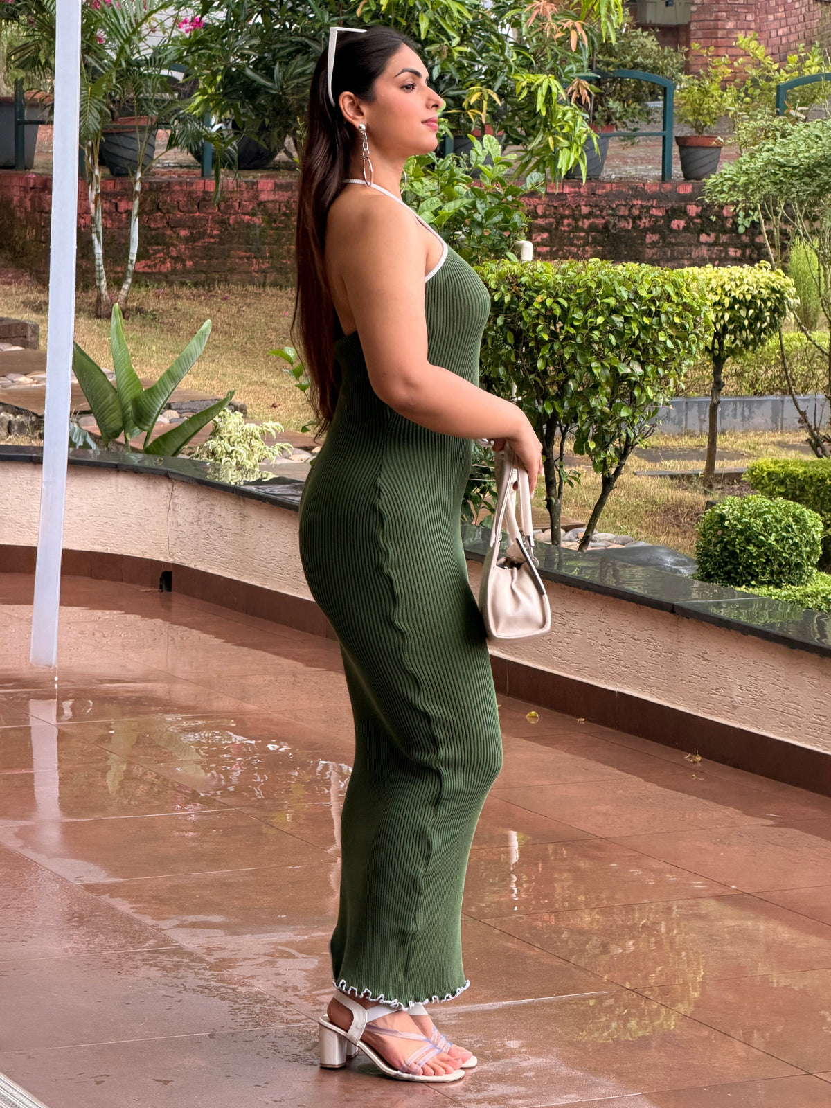 TANDUL Women Chic Green High Slit Knitted Dress
