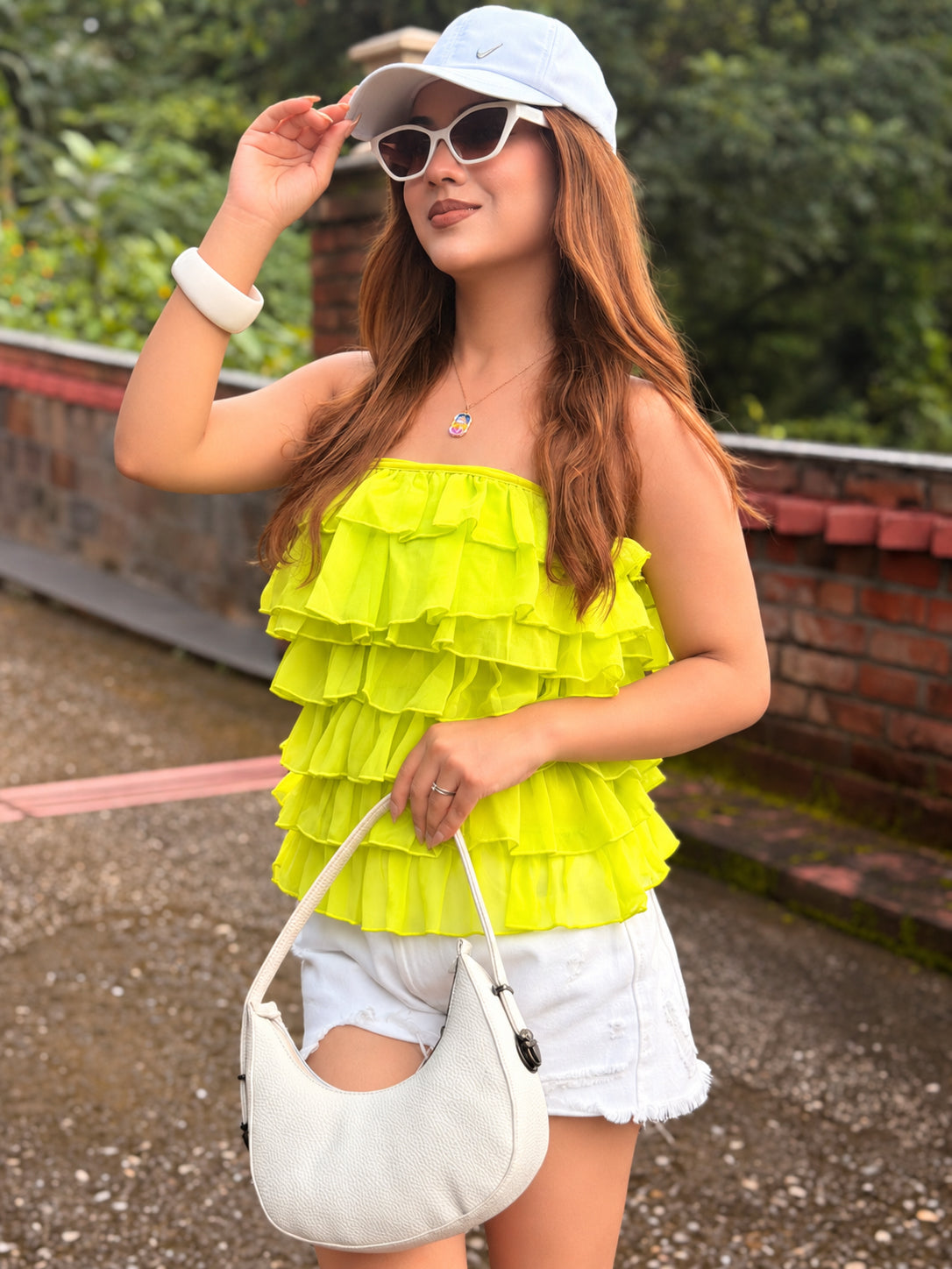 TANDUL Women Vibrant Ruffled Neon Green Top