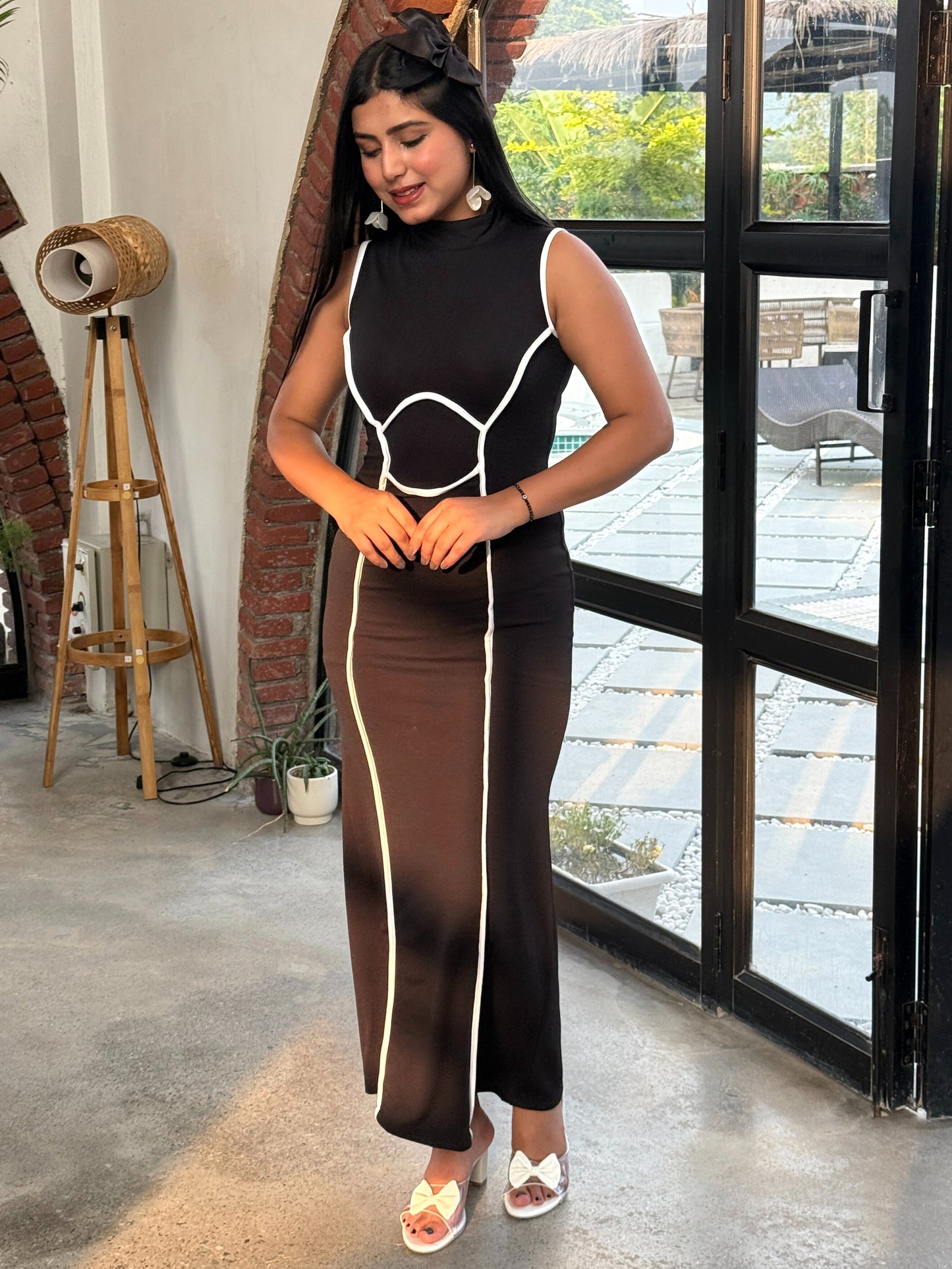 TANDUL Women Stunning Black Dress with White Detailing