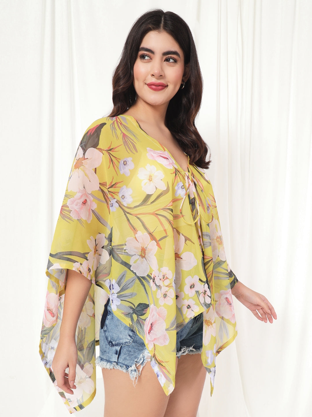 TANDUL  Women Kimono Style 3/4th Sleeve Yellow Shrug