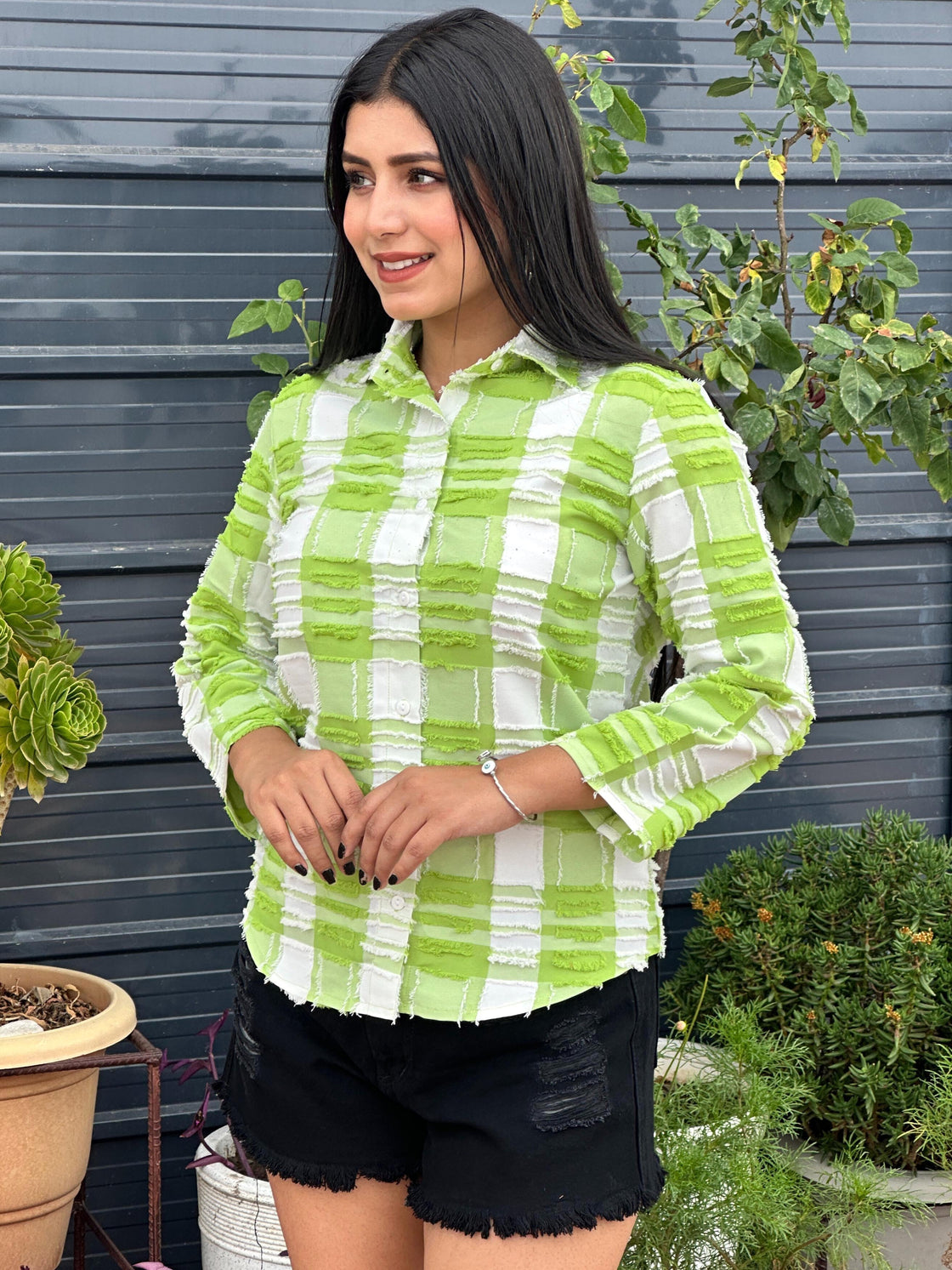 TANDUL Women Green and white Plaid Shirt