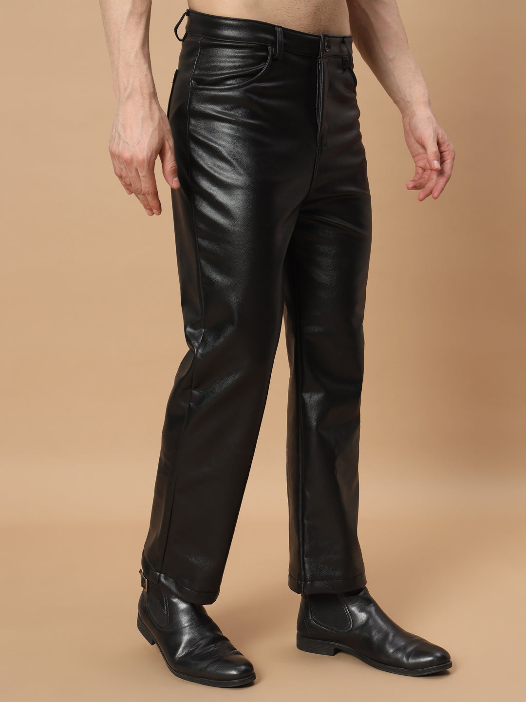 TANDUL  Men Regular Fit Black Faux Leather Trousers