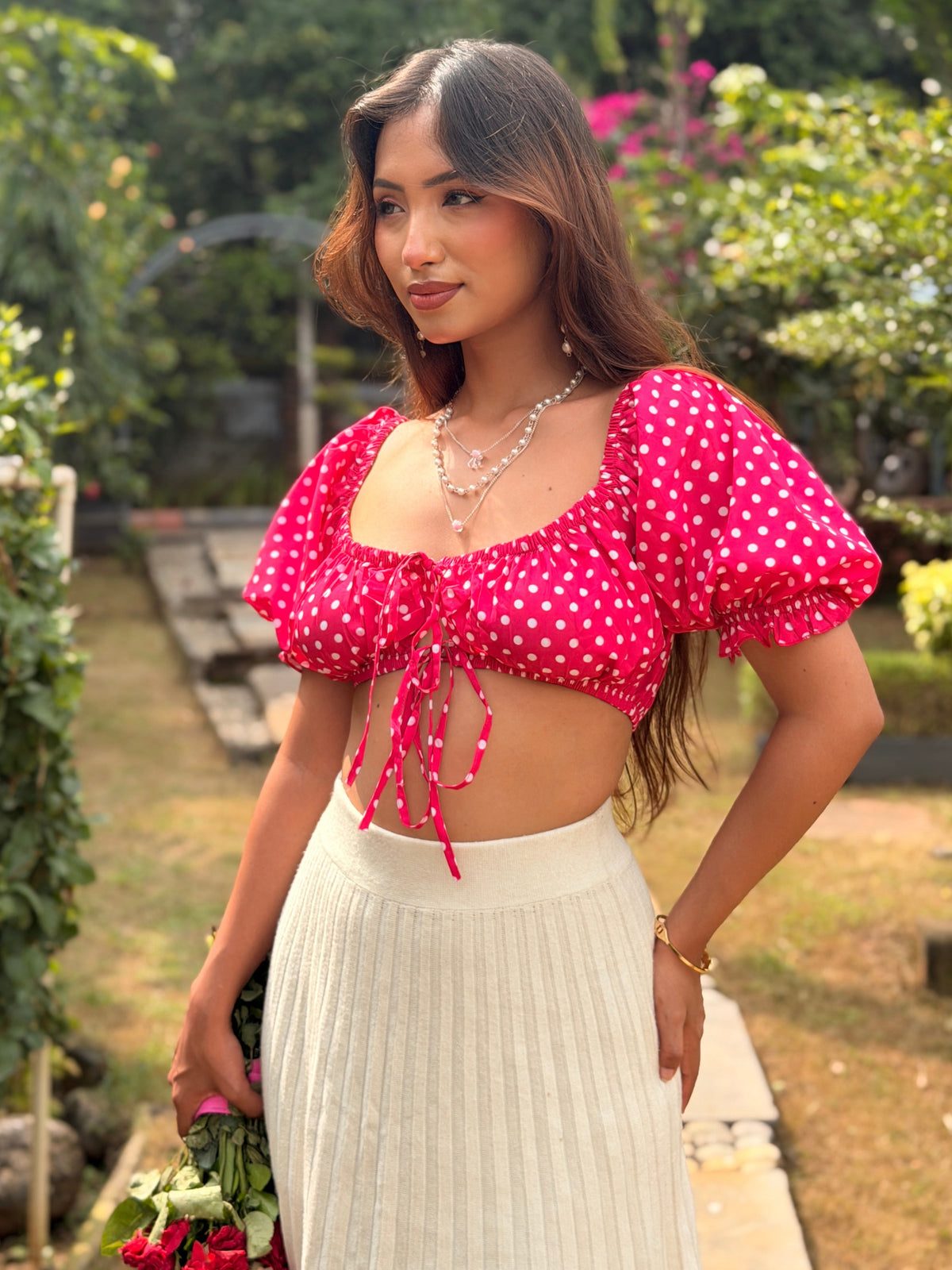 TANDUL Women Hot Pink Polka Dot Puff Sleeve Crop Top