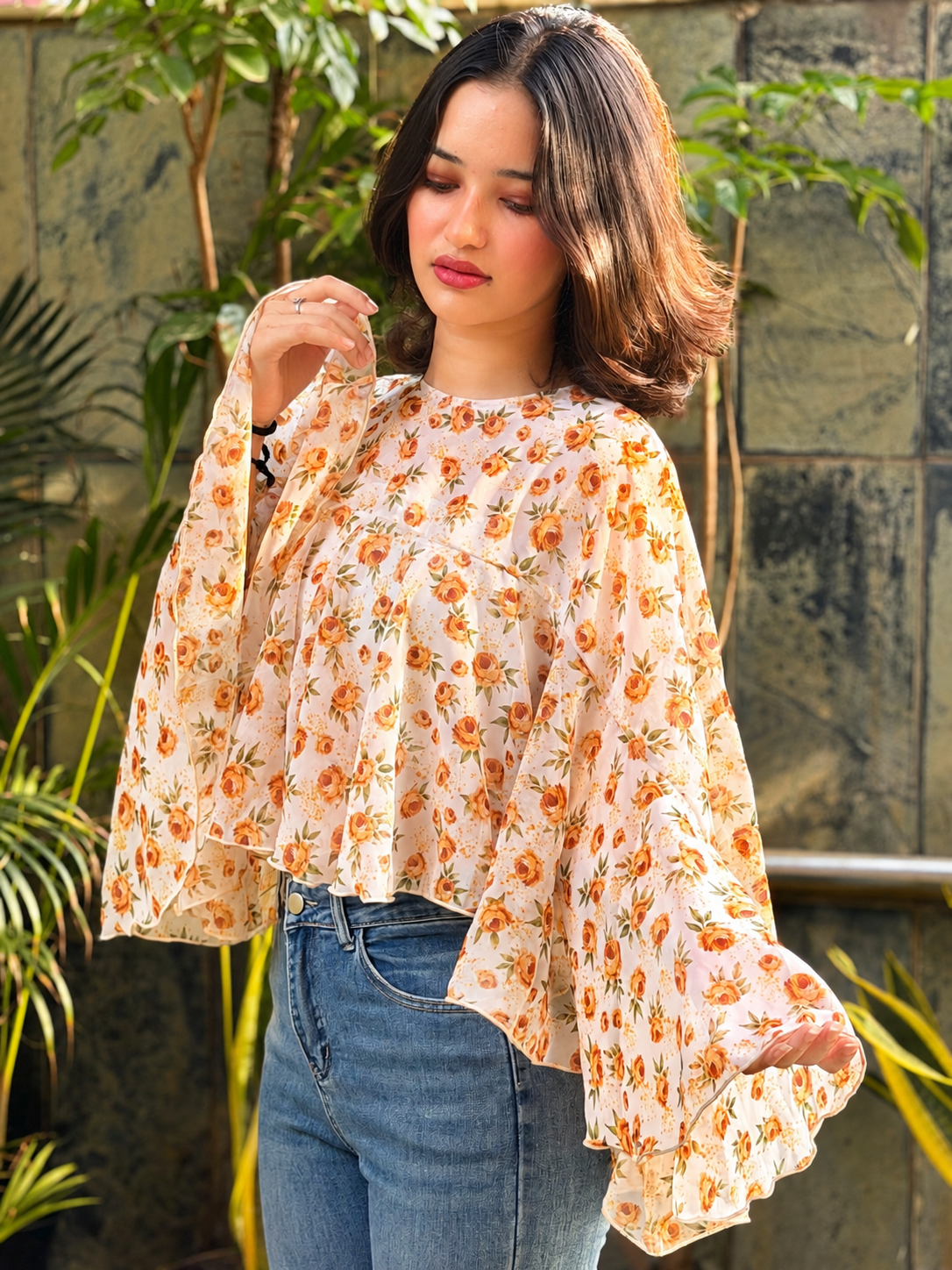 TANDUL Women Ochre Floral Tiered Crop Shrug