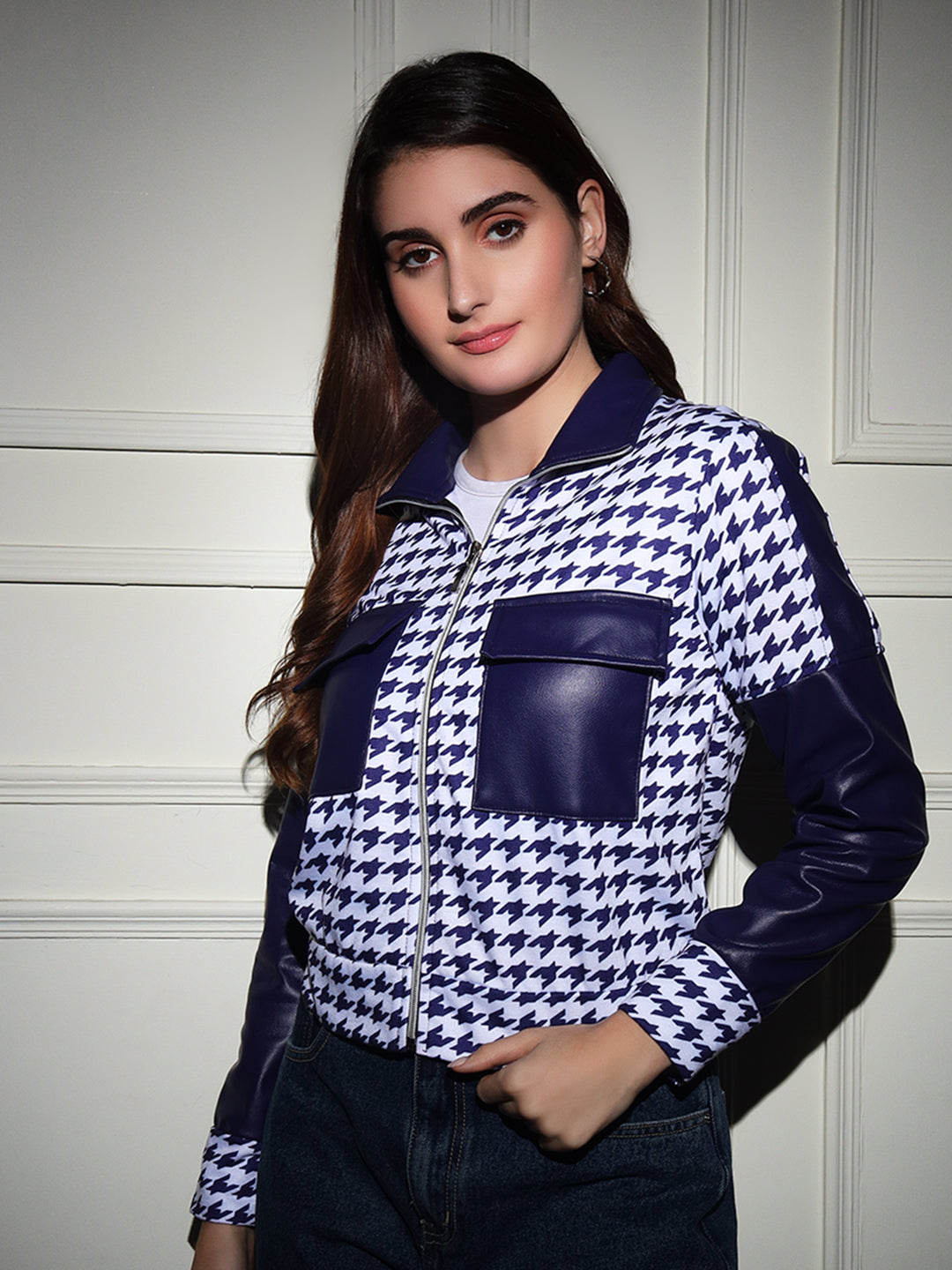 TANDUL  Women Houndstooth Fleece Jacket