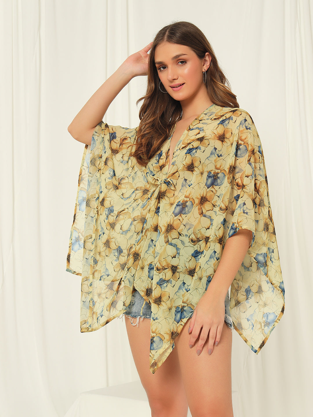 TANDUL  Women Kimono Style 3/4th Sleeve Yellow Shrug