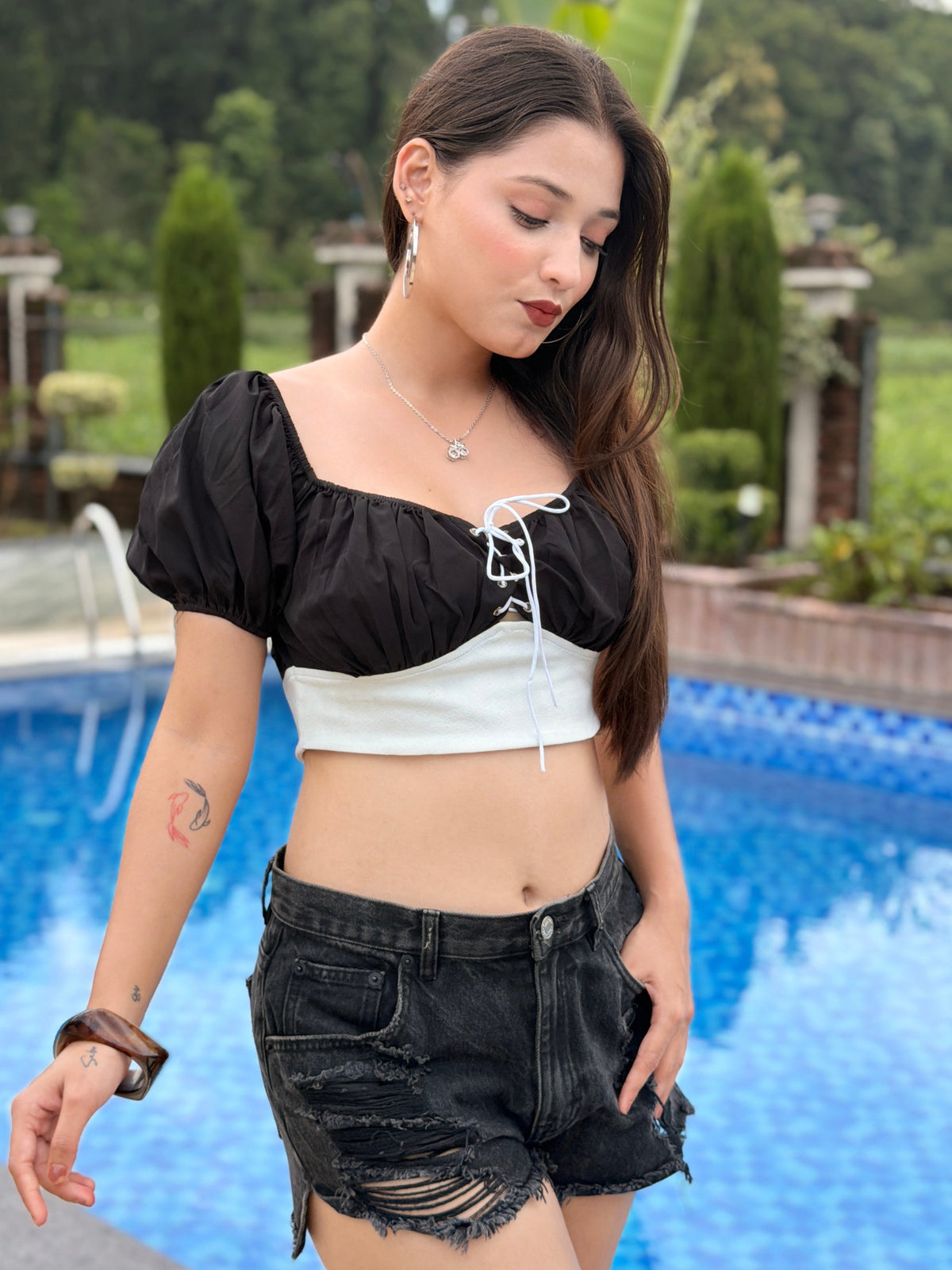 TANDUL Women Monochrome Lace-Up Crop Top