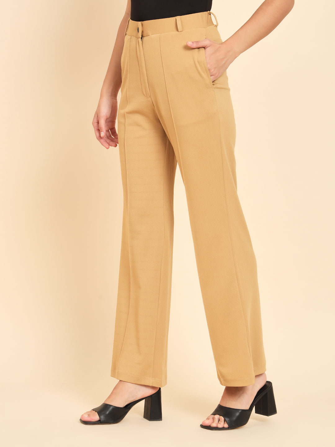 TANDUL Women Regular Fit Beige Lycra Trousers