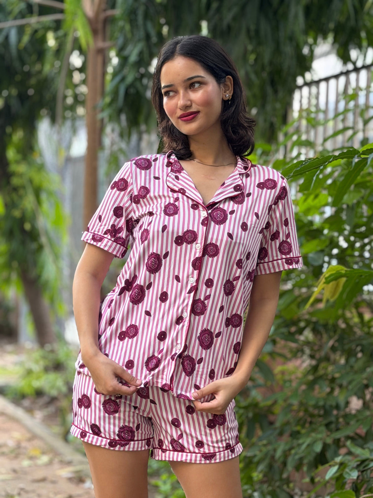 TANDUL Women Pink Striped Button-Down Summer Nightsuit