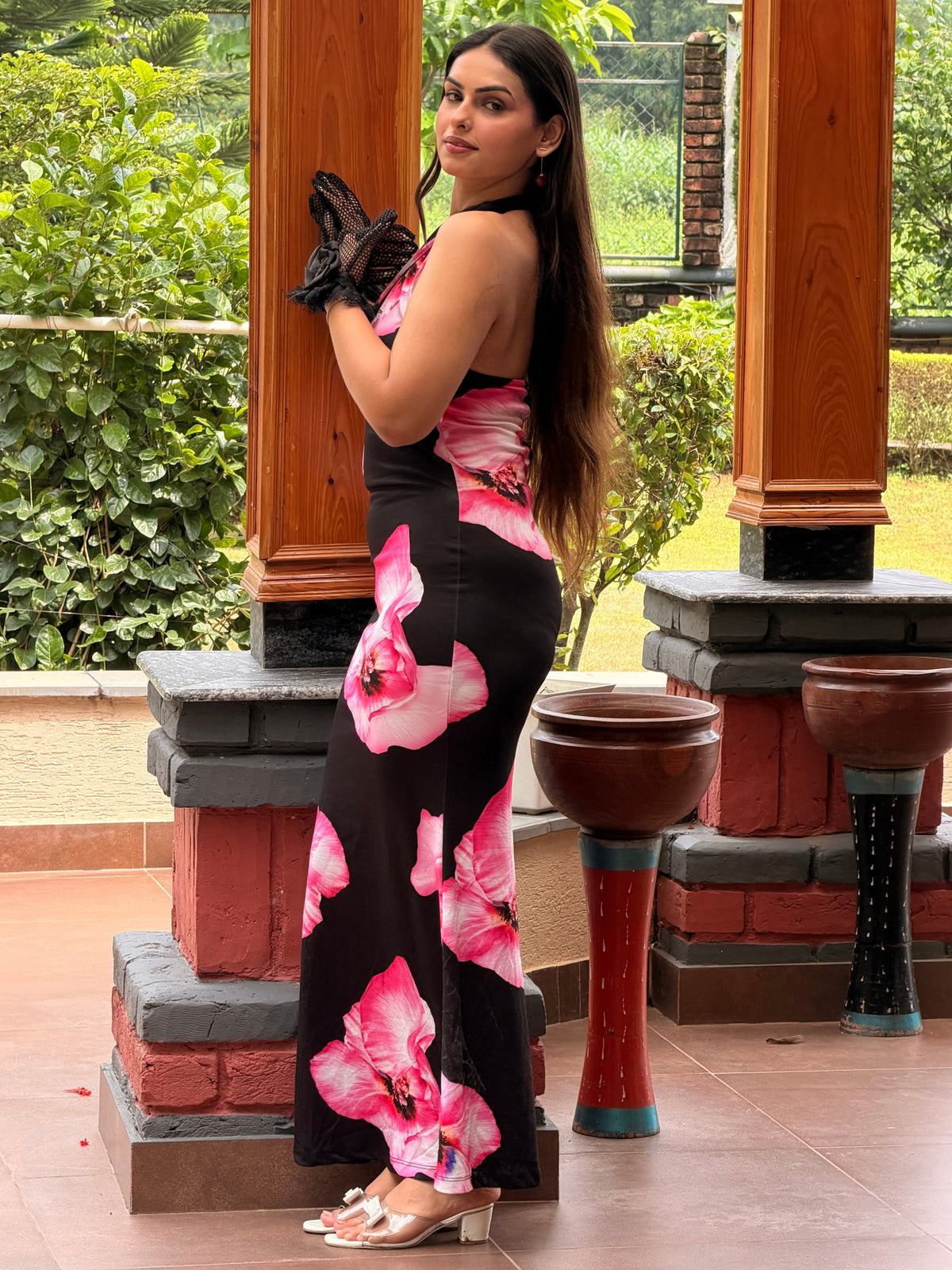 TANDUL Women Retro Pink Hibiscus Floral Halter Maxi Dress