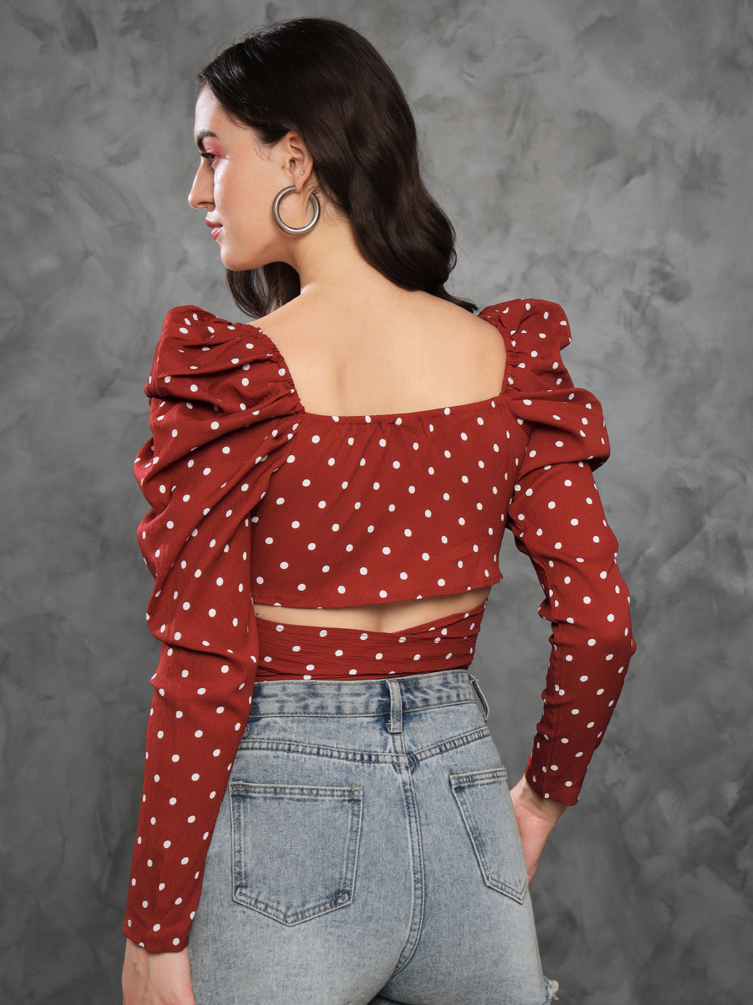 TANDUL Casual Puff Sleeves Polka Print Women Maroon Top