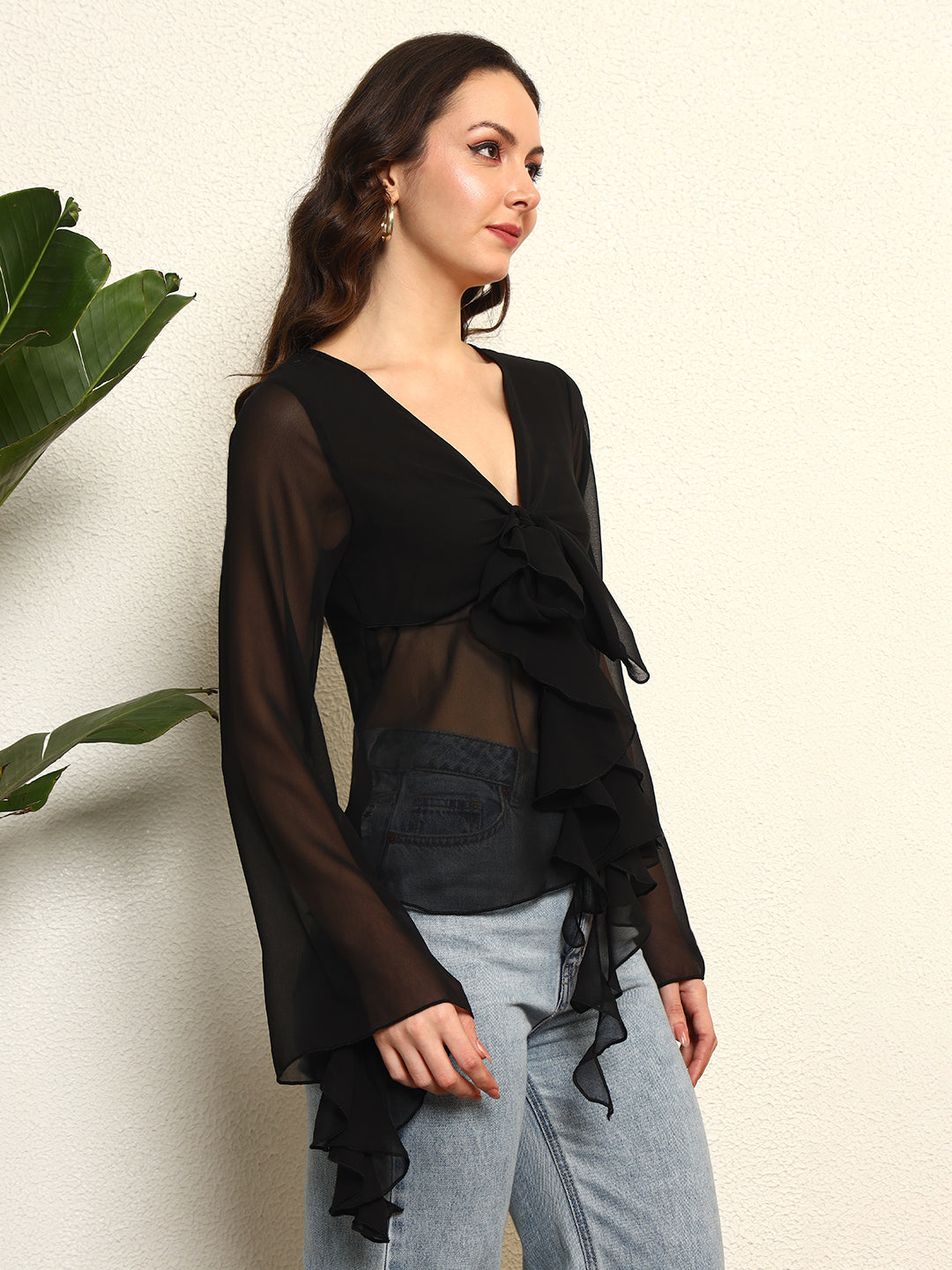 TANDUL Elegant Black Ruffled Top